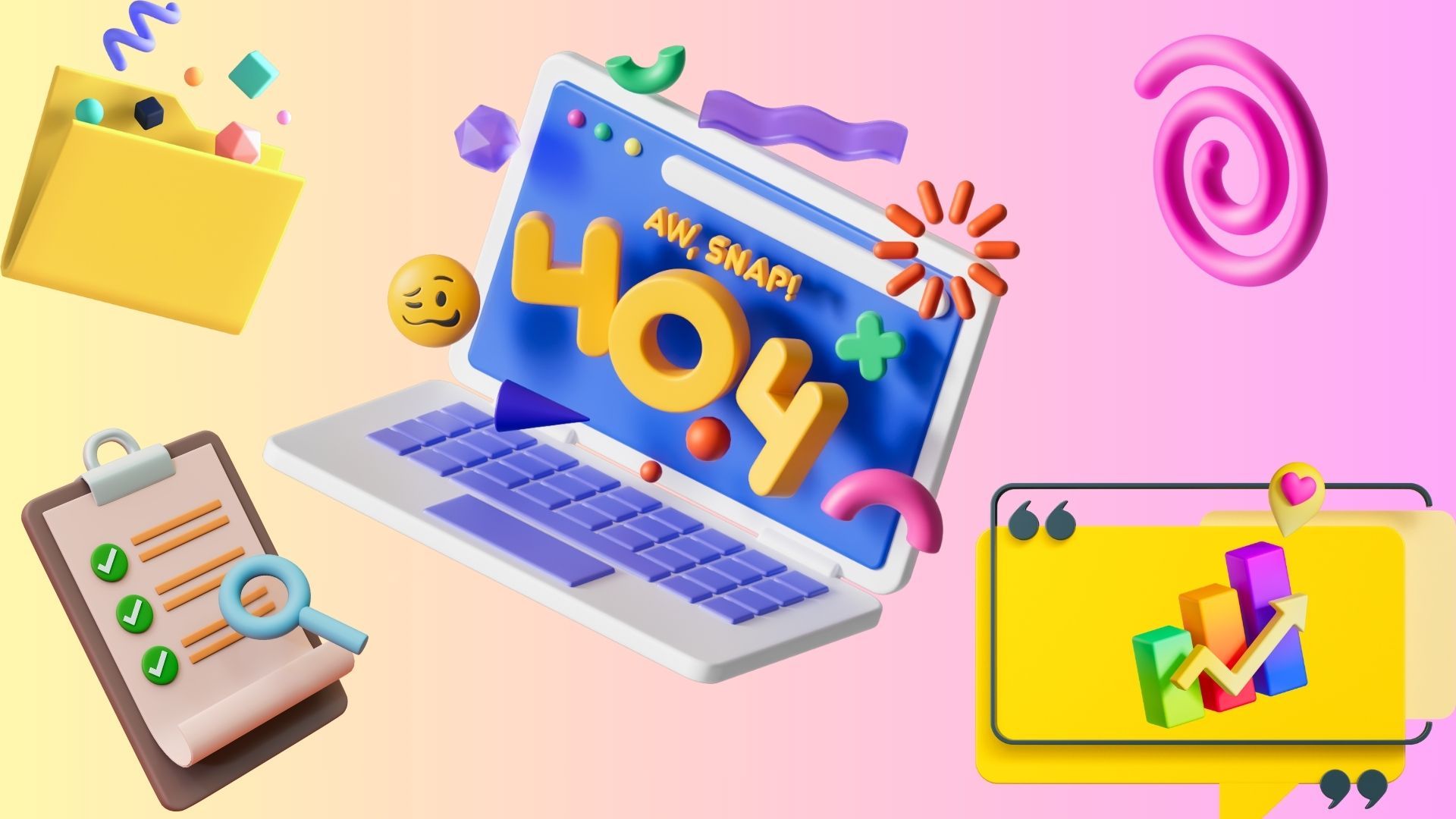 Portátil colorido con 404 y emoji en la pantalla