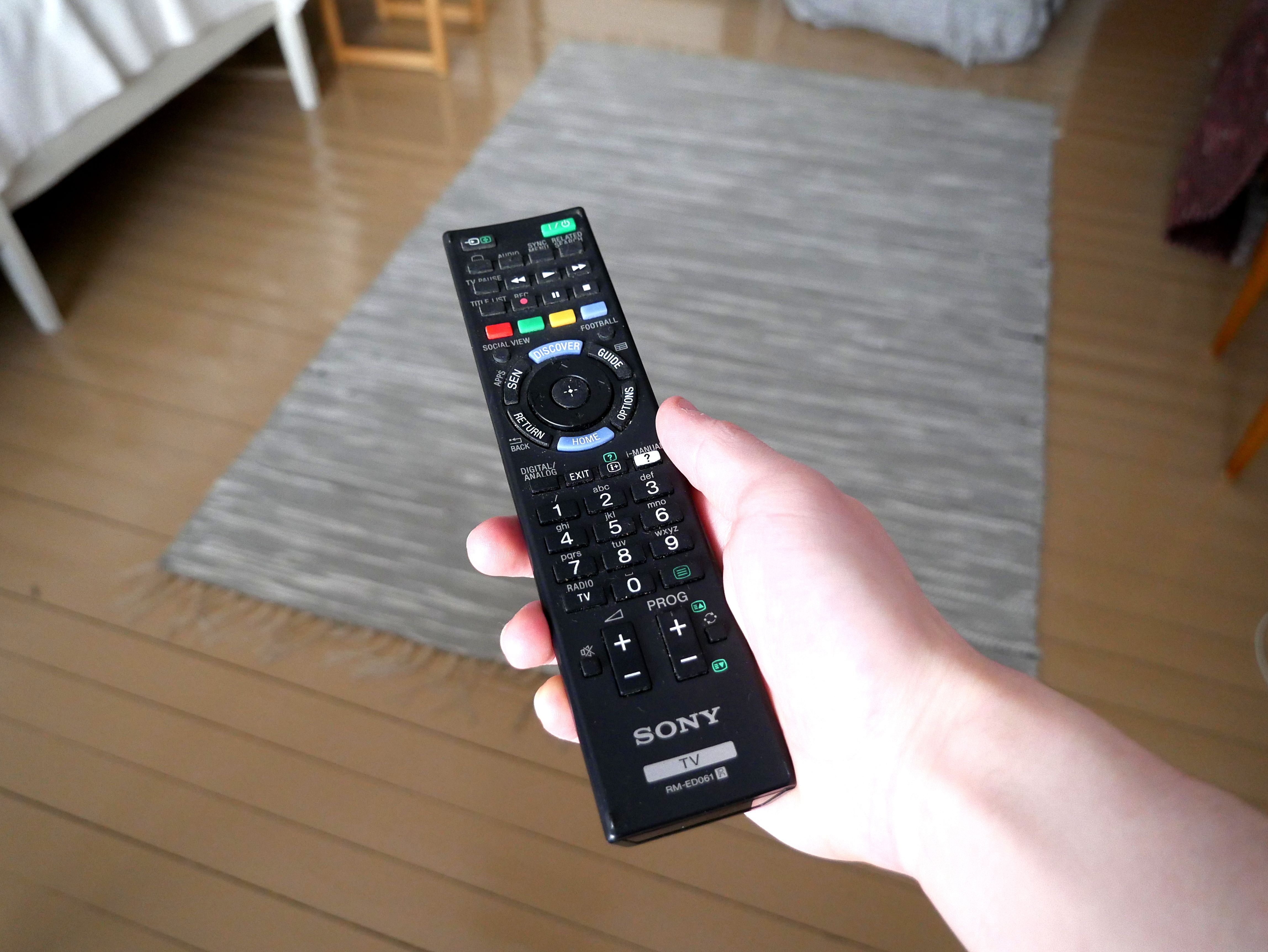 Hand holding a Sony remote control