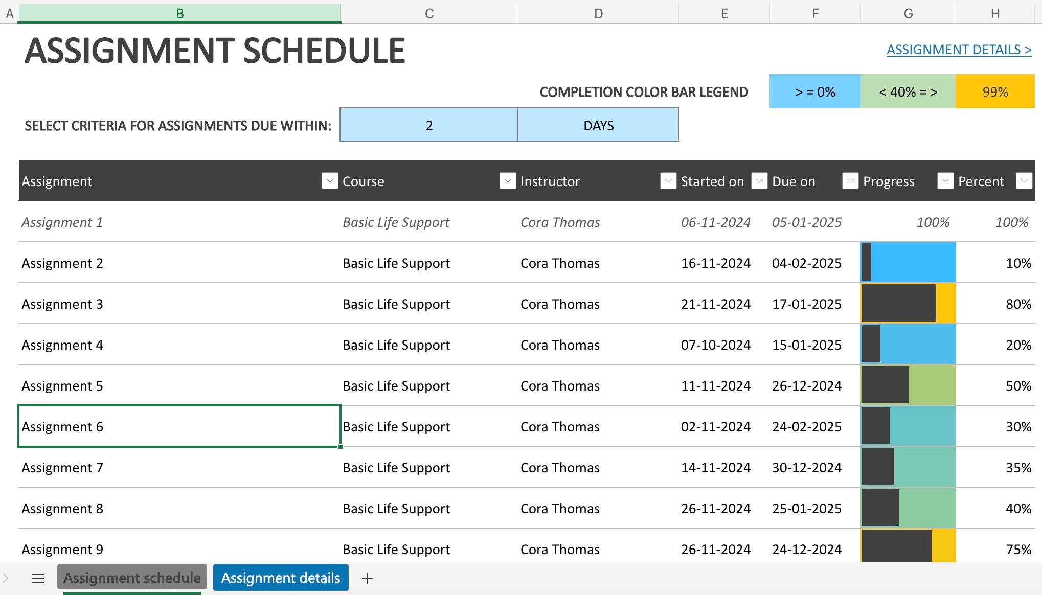 Calendario de tareas en Excel