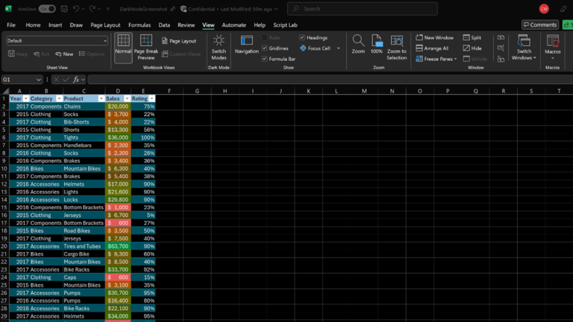 Excel para Windows ejecutándose en modo oscuro