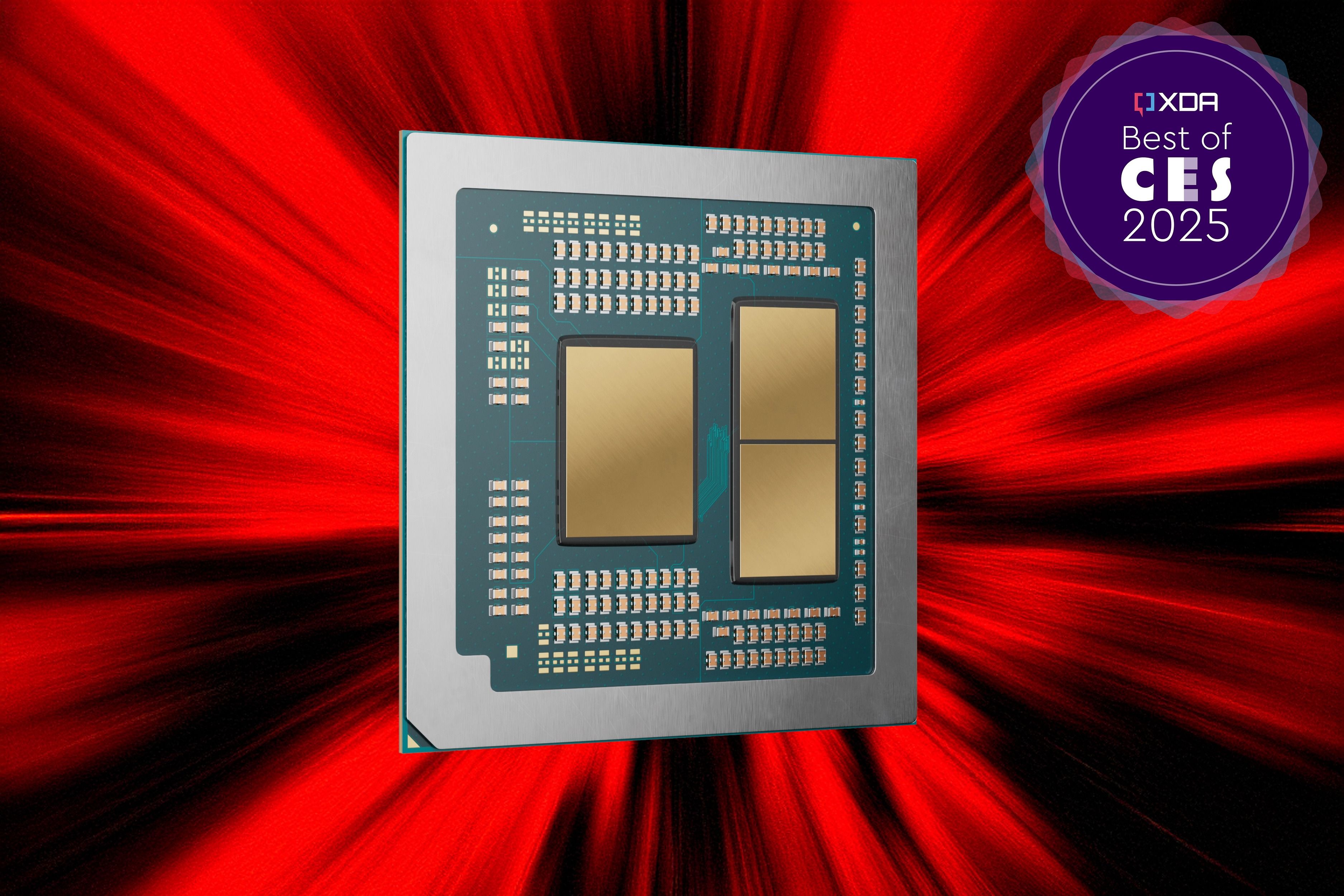 Representación del AMD Ryzen 9 9955HX3D sobre un fondo negro y rojo