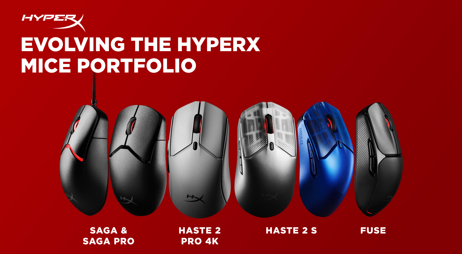 Los ratones HP HyperX Saga y Saga Pro, Haste 2 Pro 4K, Haste 2 S y Fuse sobre un fondo rojo