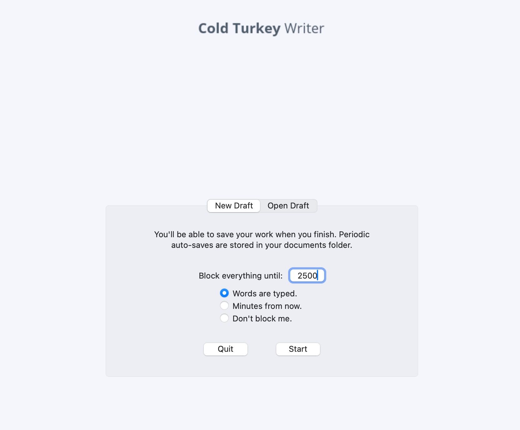 Cold Turkey Writer estableció un límite de palabras de 1