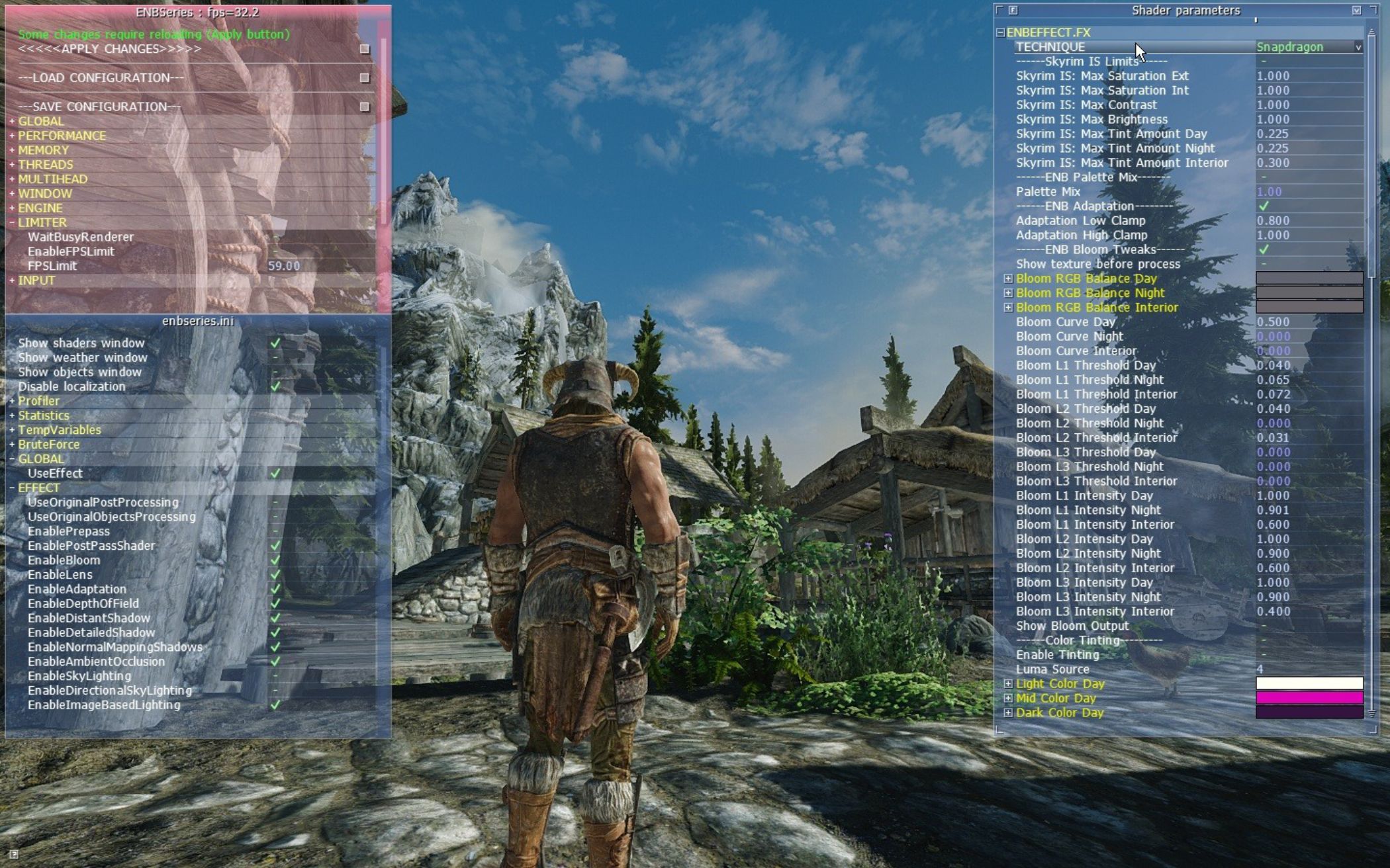 Captura de pantalla de Skyrim con las opciones enb abiertas