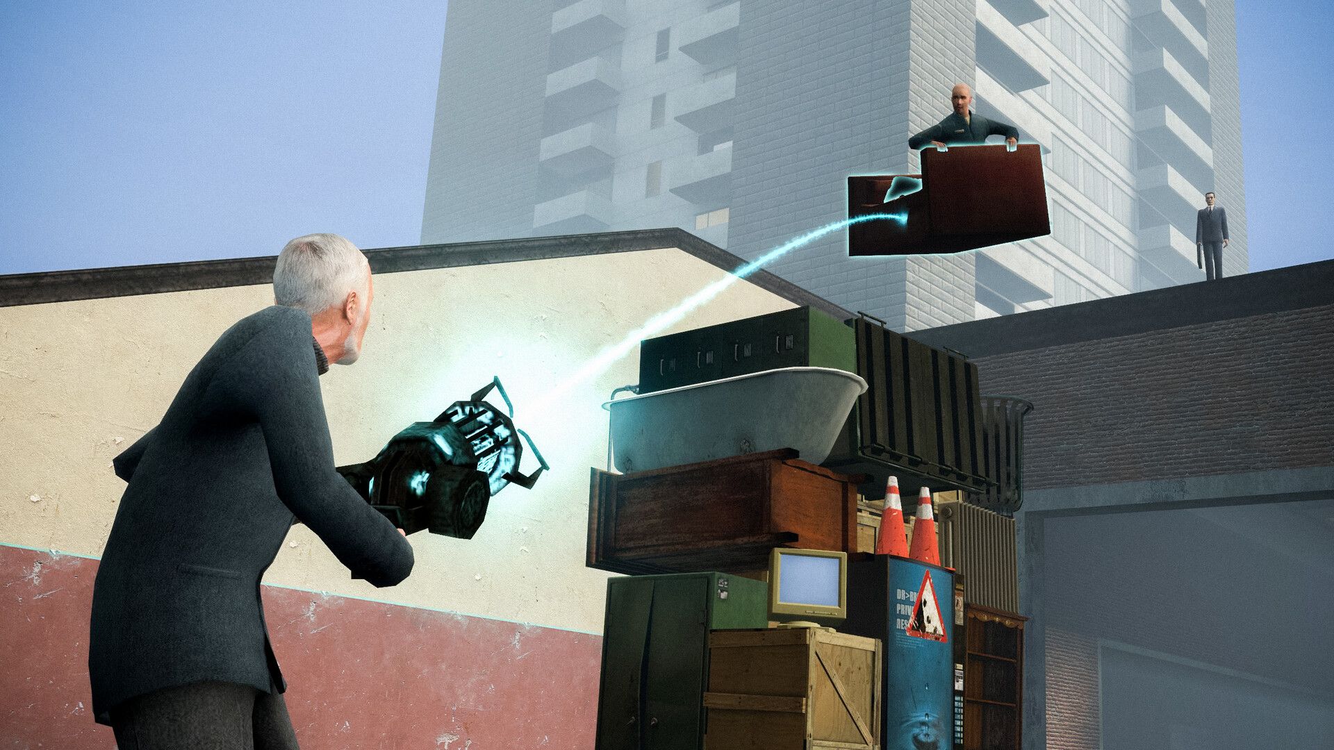 a player lifting up another player in garry's mod with a ray gun
