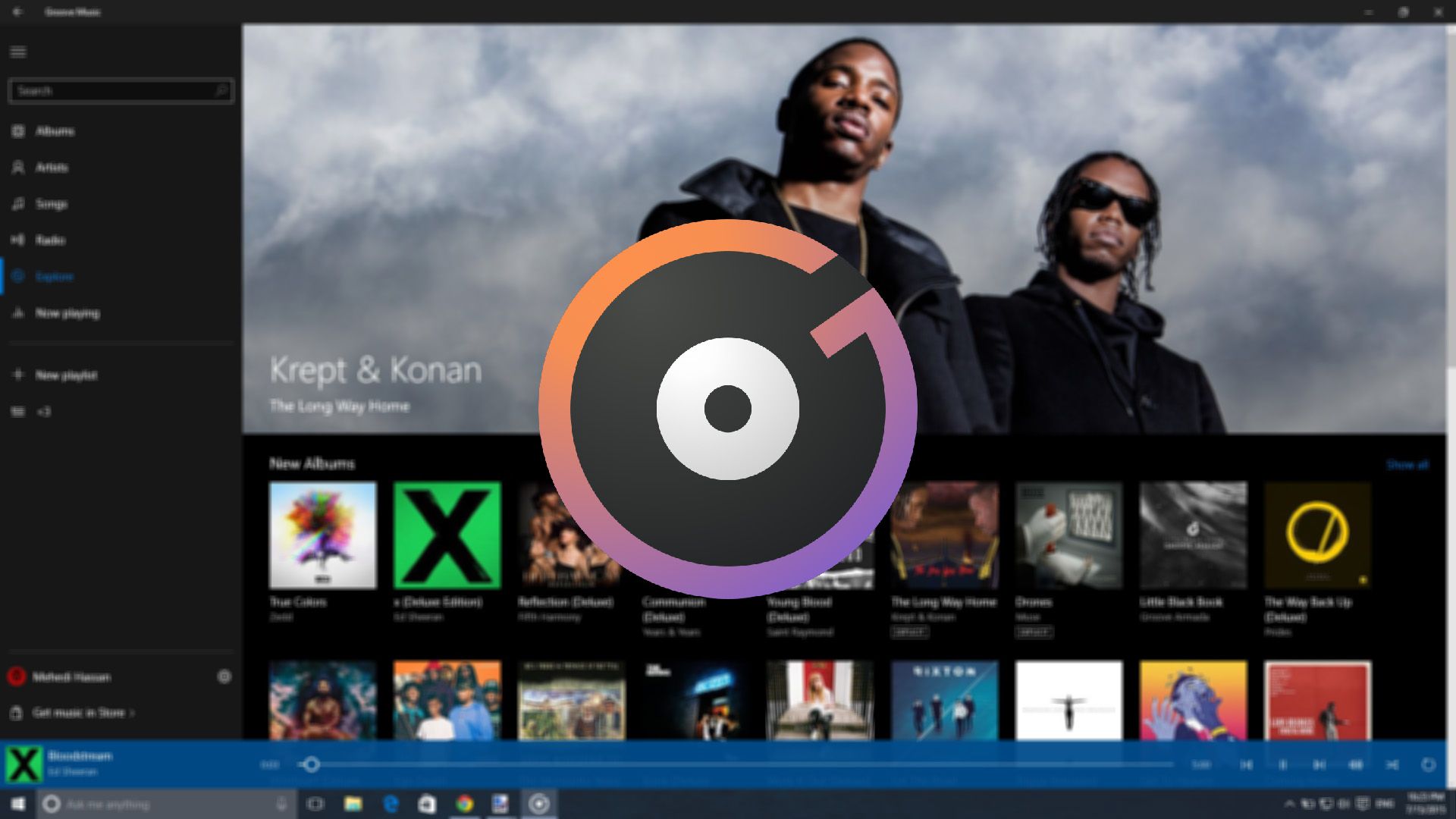 Captura de pantalla de la aplicación Groove Music con el logotipo de la aplicación encima.