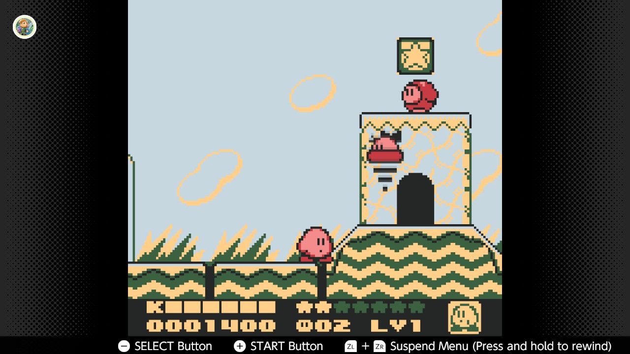 Captura de pantalla de Kirby's Dream Land 2 para Game Boy jugado con el filtro Game Boy Color en Nintendo Switch online