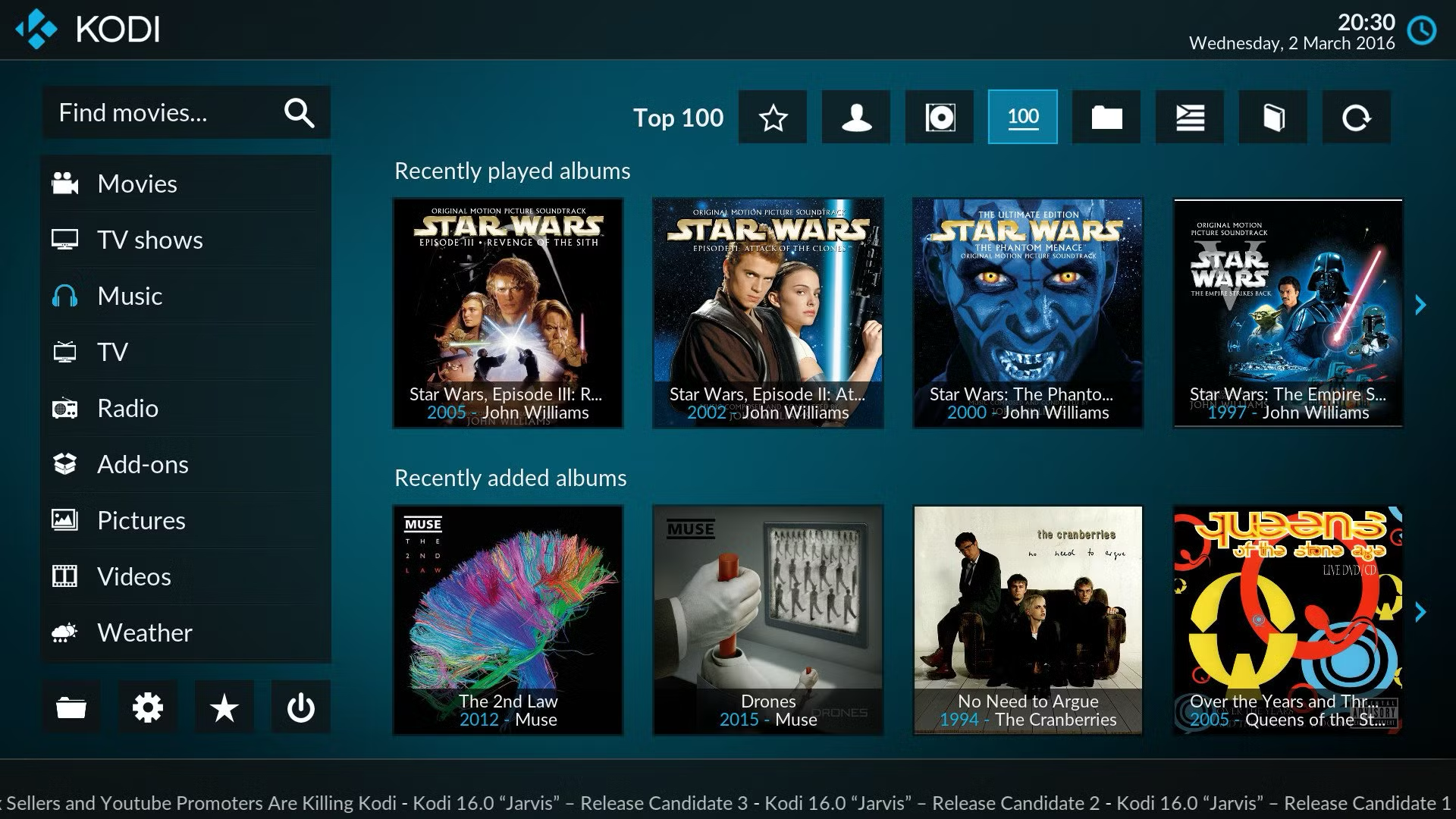 Screenshot showing the Kodi home screen