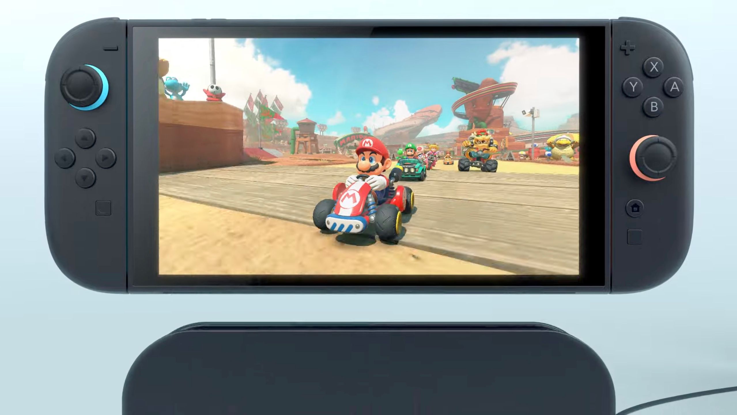 Una Nintendo Switch 2 ejecutando un juego de Mario Kart sin título