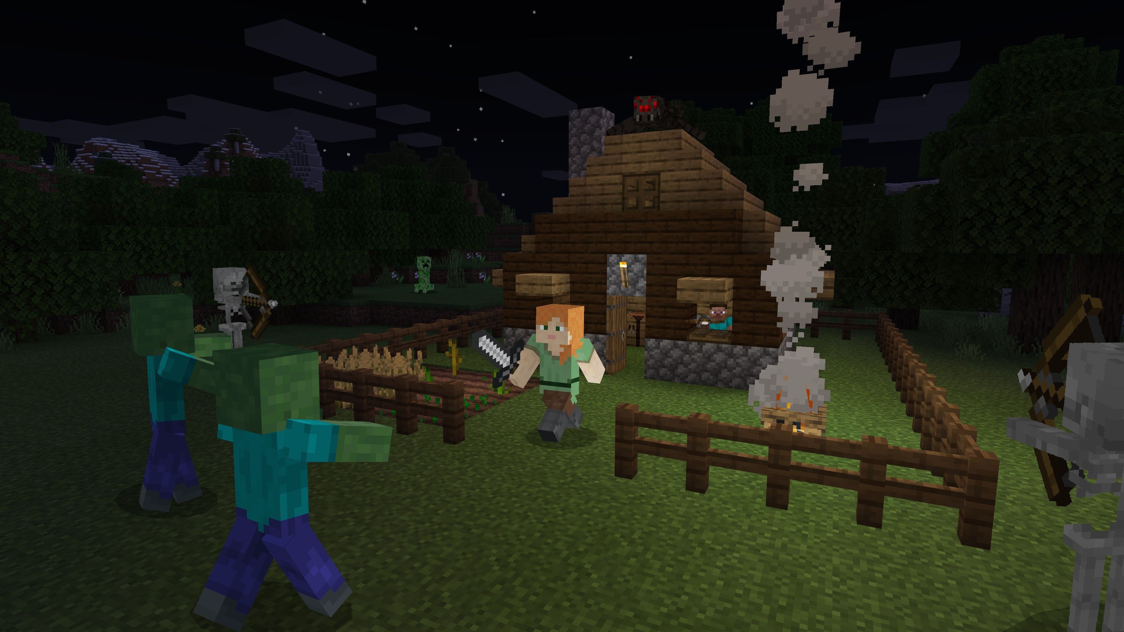 a character fighting monsters in minecraft