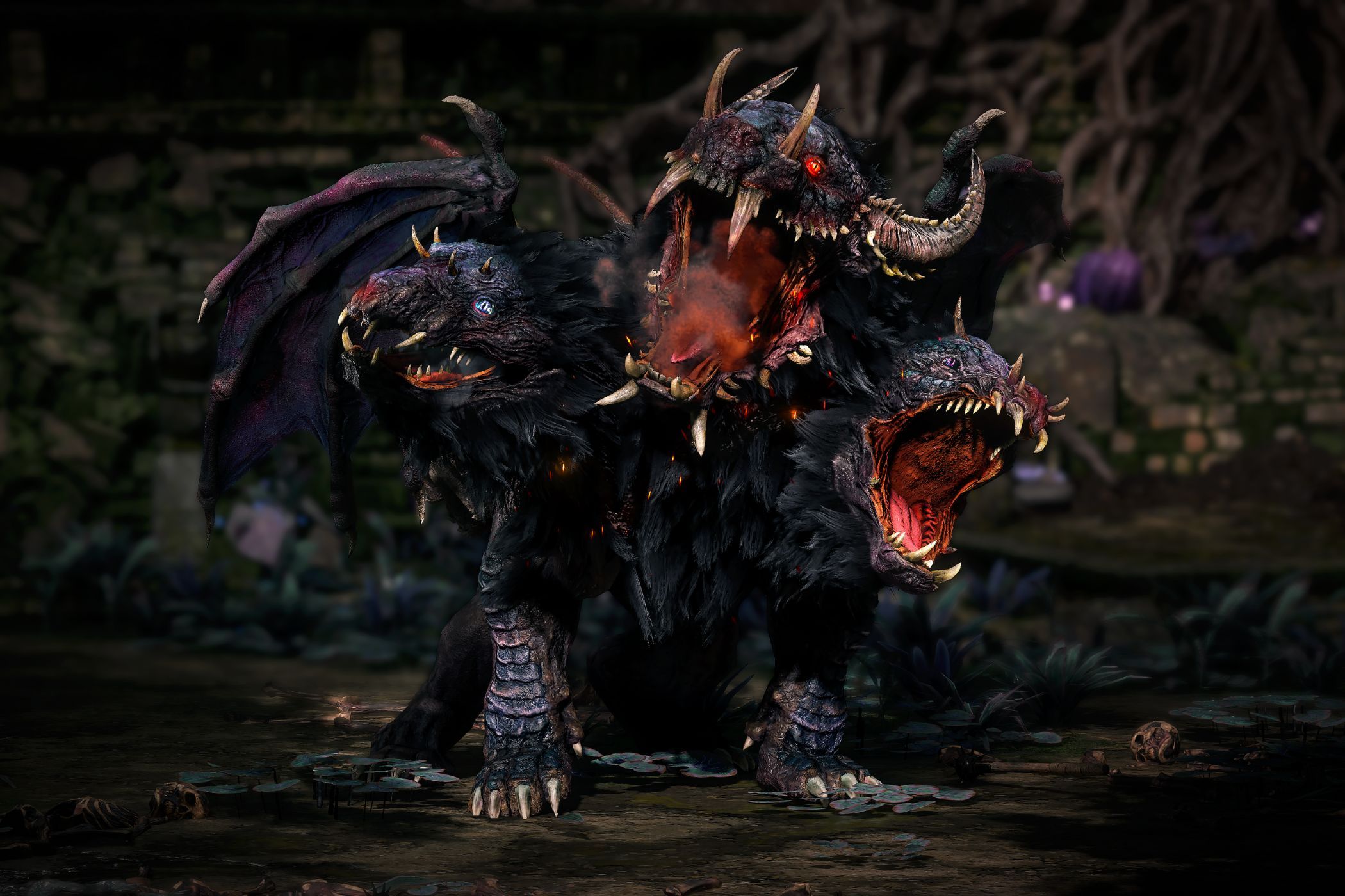 Perro demonio de tres cabezas de Path of Exile 2 rugiendo