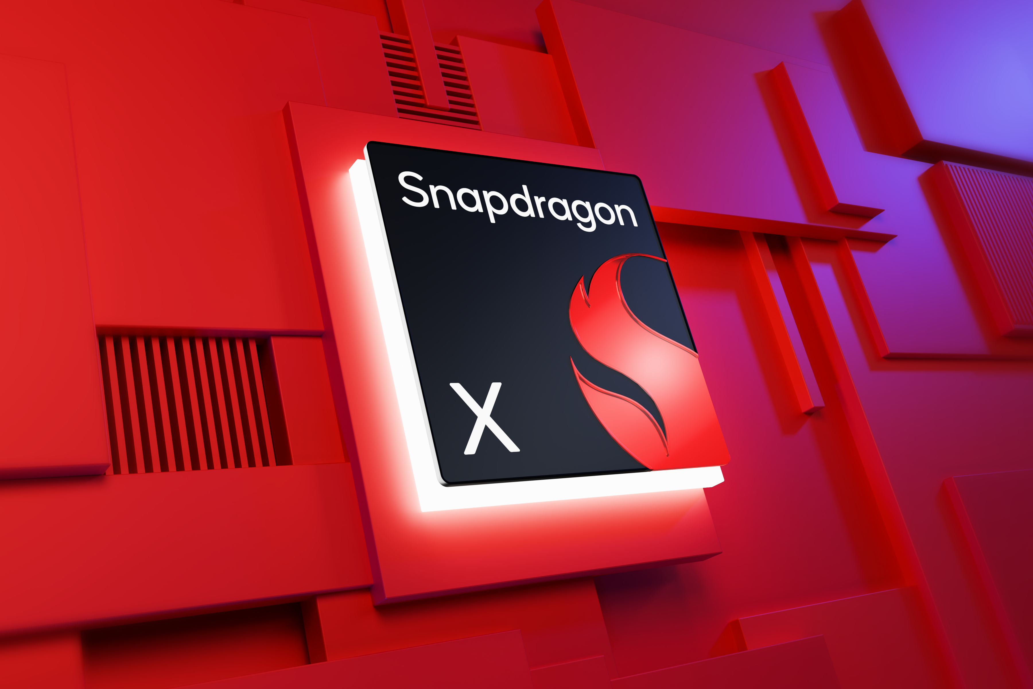 Visualización del Qualcomm Snapdragon X sobre un fondo rojo