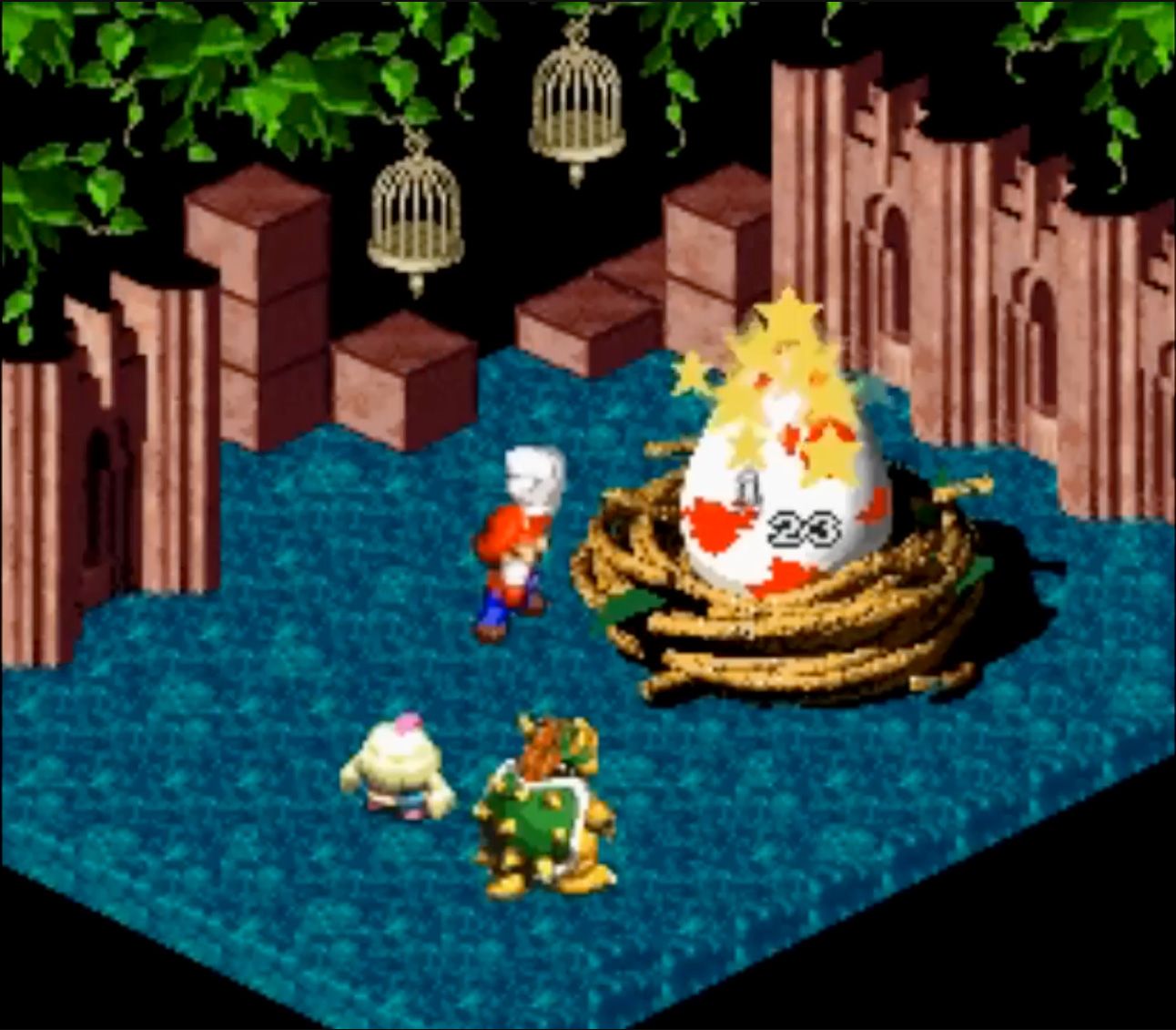 Captura de pantalla de una escena de batalla en Super Mario RPG en SNES