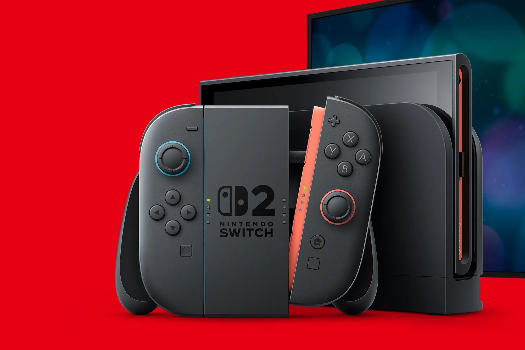 Una Nintendo Switch 2 en su base con la empuñadura Joy-con y los controladores delante