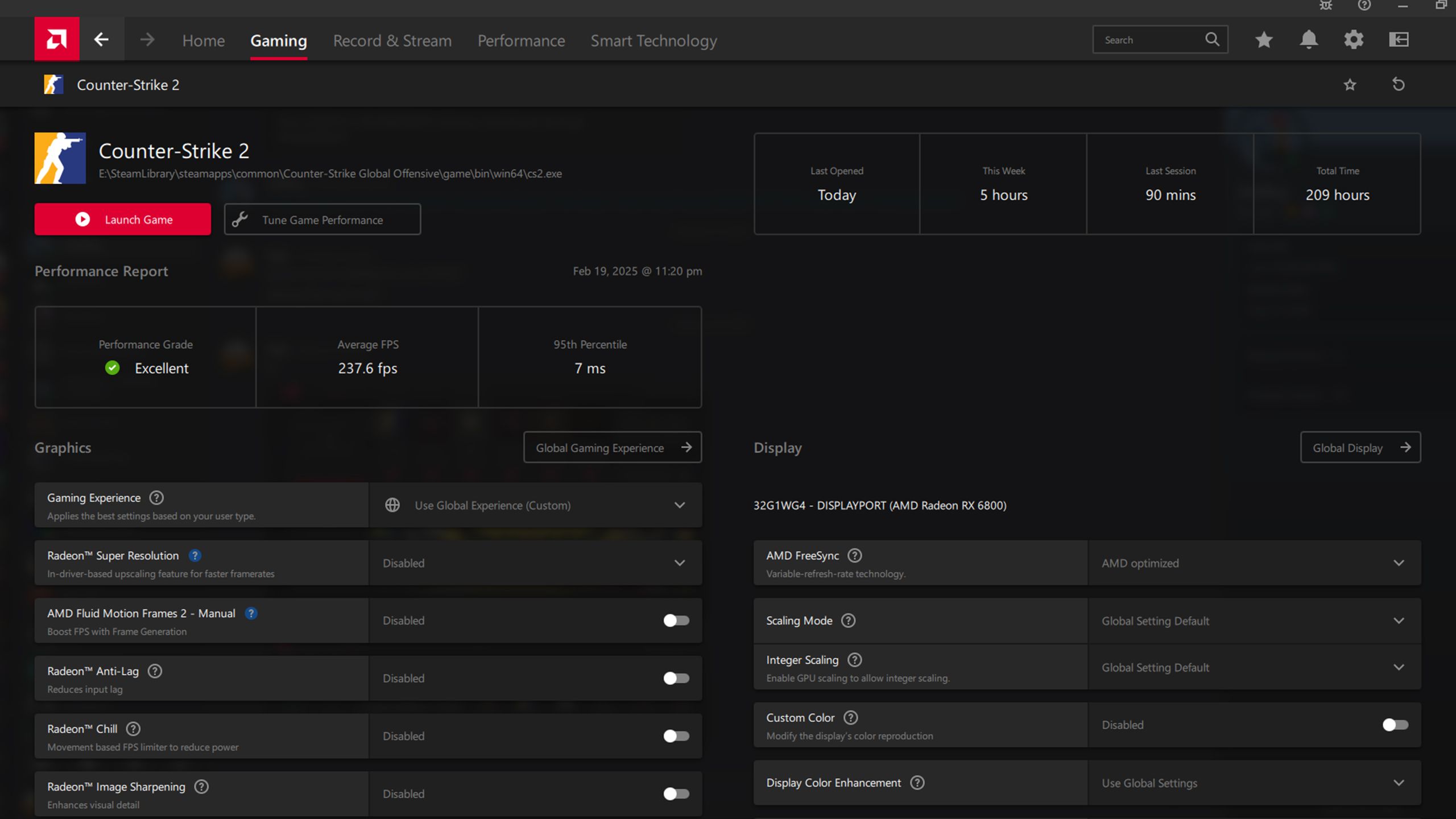 Screenshot of AMD Adrenalin game settings