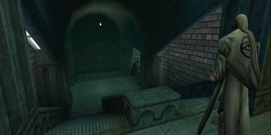 Screenshot from Blood II: The Chosen video game of a scene with two characters, one at the top of a set of stone steps and another at the bottom.