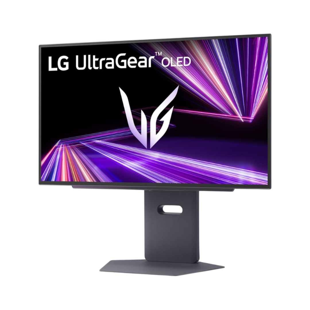 render of lg ultragear 480hz oled gaming monitor seen from a slight angle