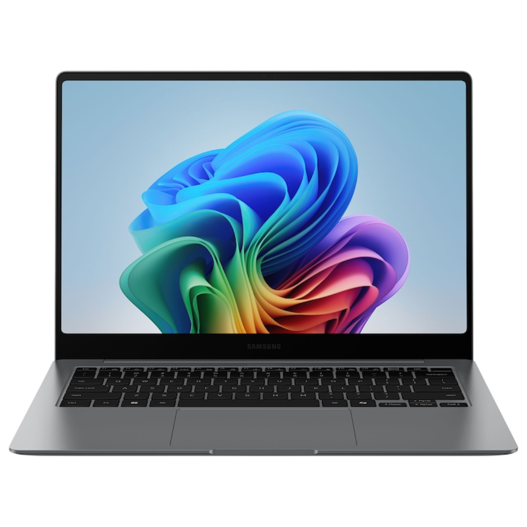 Renderizado de la computadora portátil Samsung Book 5 Pro visto desde el frente mientras está abierto