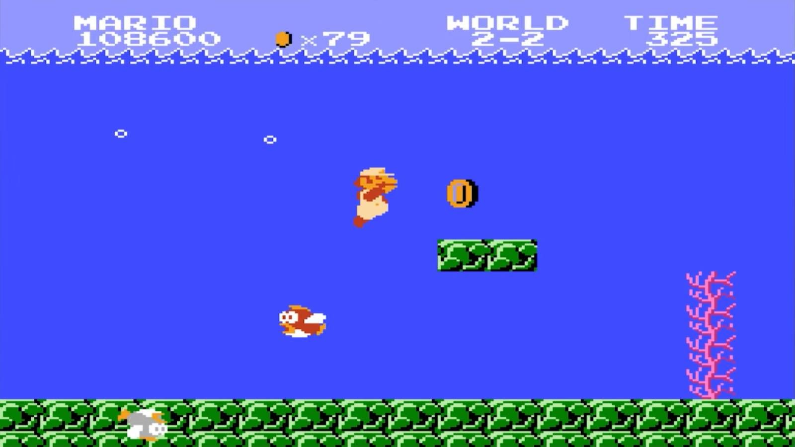 A screenshot of gameplay of Super Mario Bros.