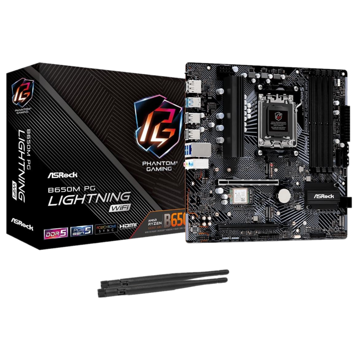 Transparent render of a black motherboard with its box