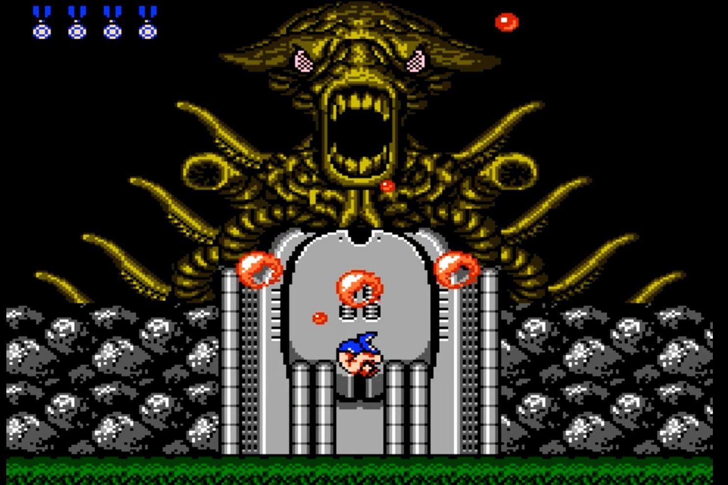 Fighting alien boss in Contra on the NES