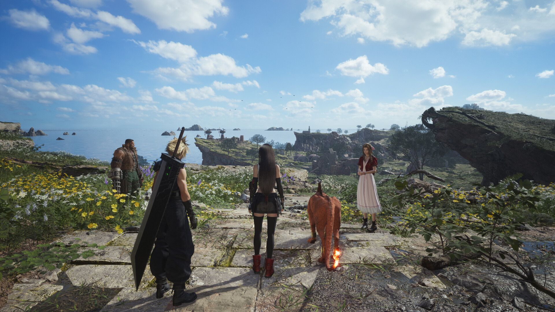 Screenshot from Final Fantasy VII Rebirth video game of core cast looking out towards landscape with the sea on the horizon