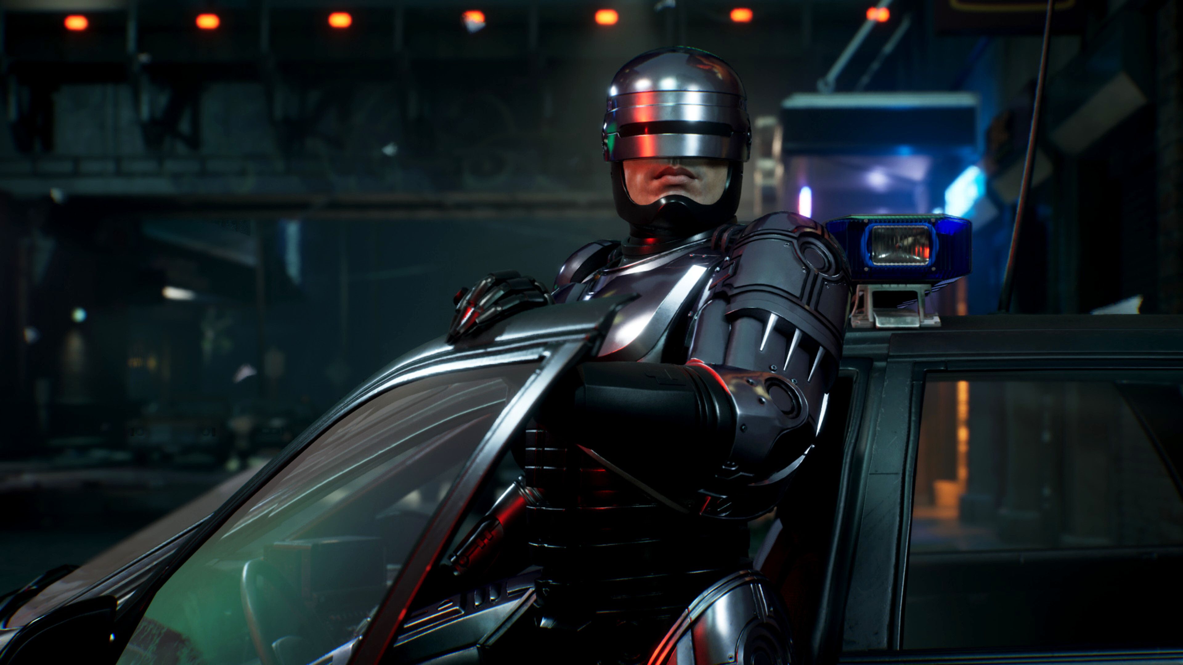 Rogue City video game of main character RoboCop exiting a car.