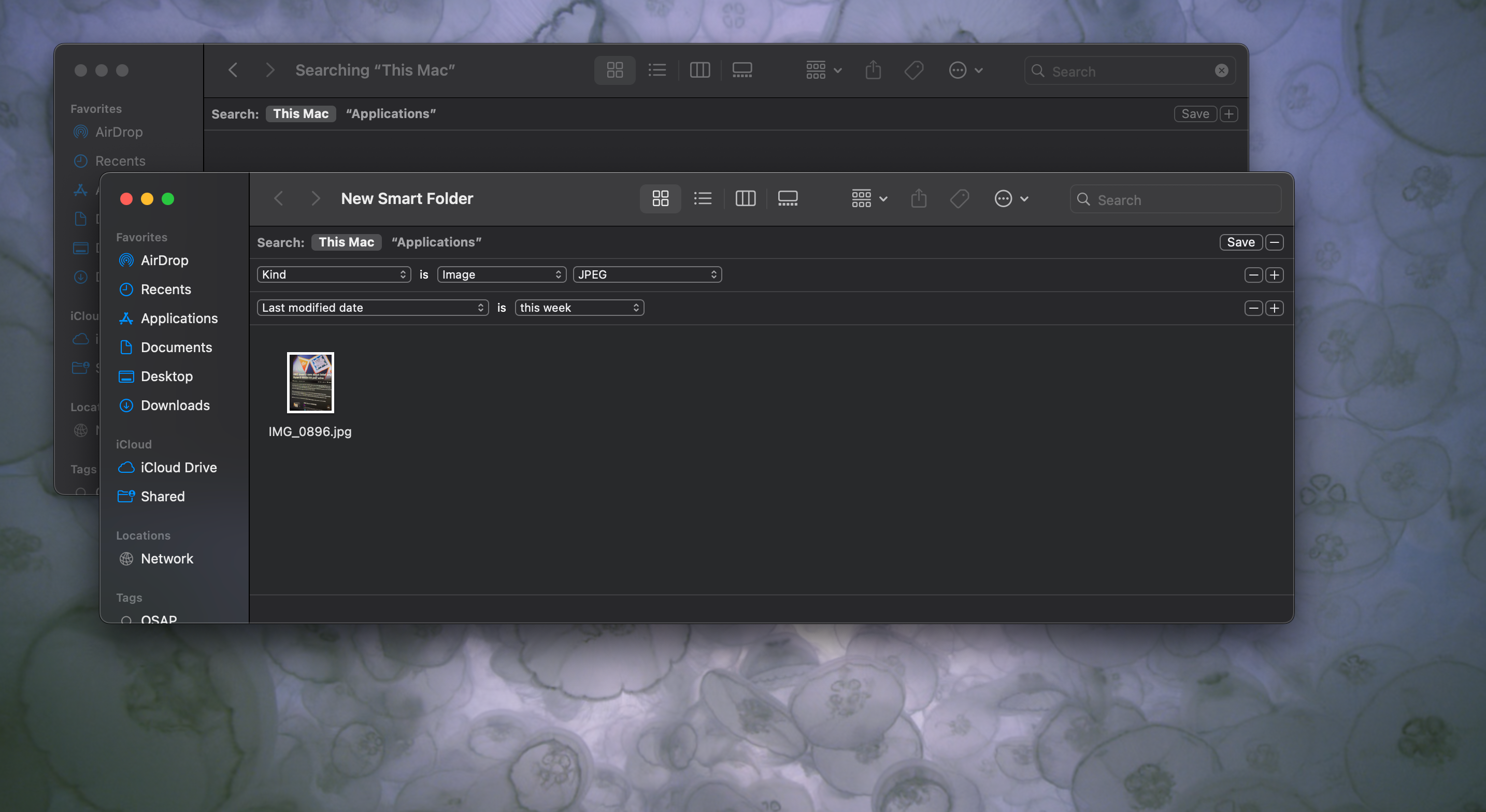 Экраншот, показывающий функциональность интеллектуальной папки в macOS