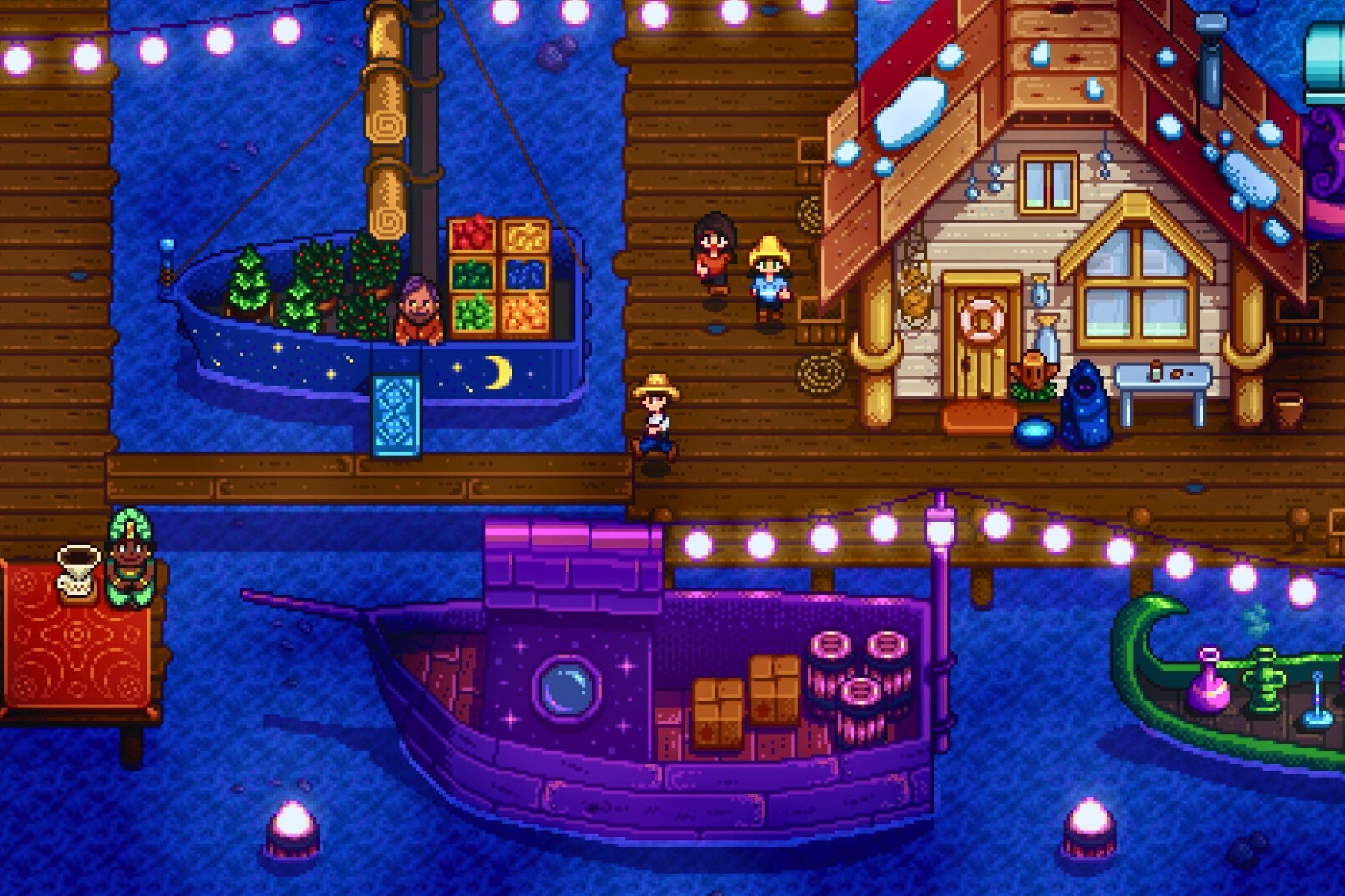 Stardew Valley Игрок бежит на доках ночью