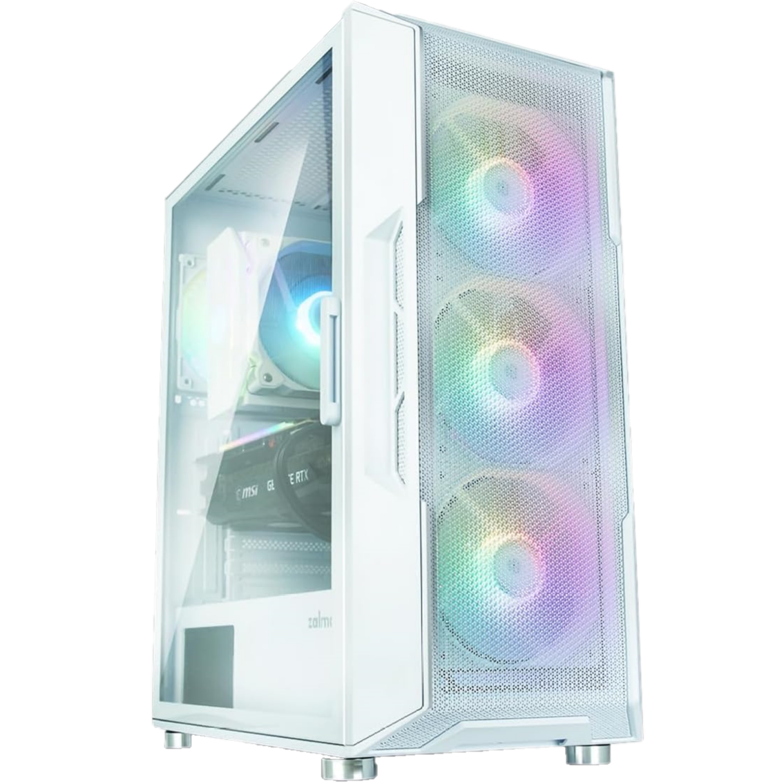 Transparent render of a white PC case with RGB fans