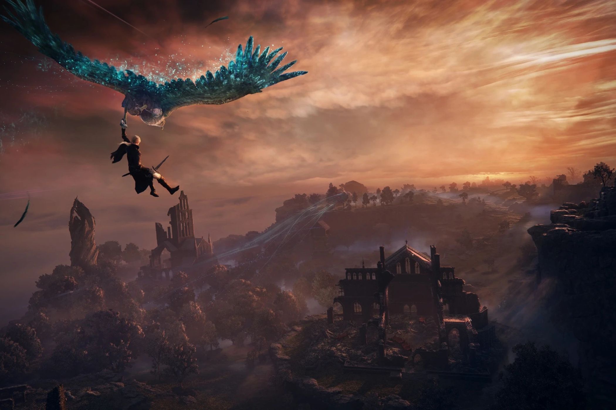 Elden Ring Nightreign player flying over Limveld.