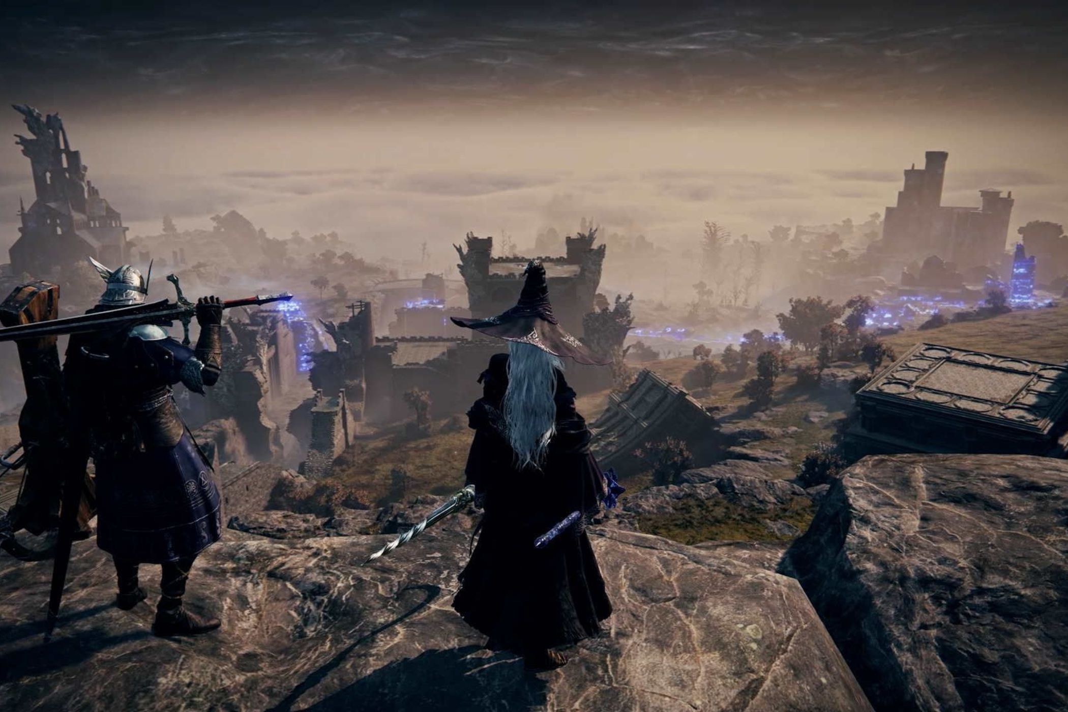 Elden Ring Nightreign players standing on cliff overlooking ruins