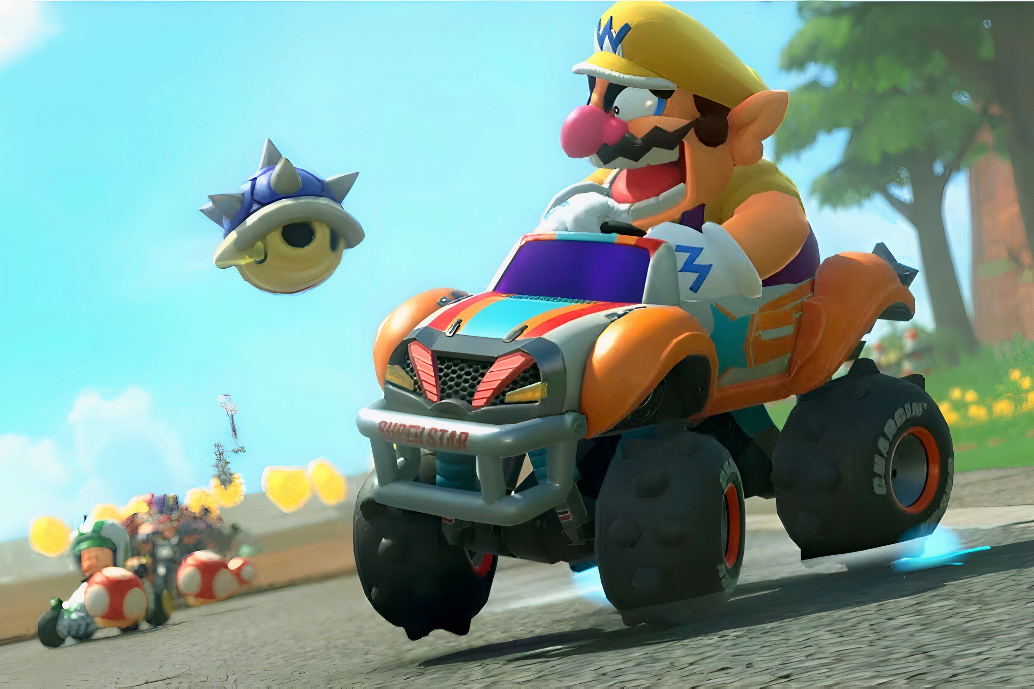 An image from Mario Kart World, showing Wario angrily looking at a flying blue shell coming his way.