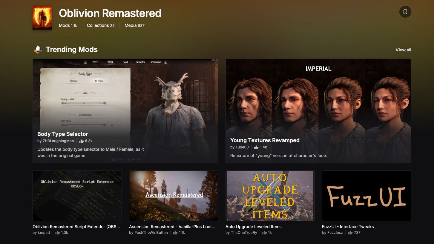 Nexus Oblibion Remaster screenshot of trending mods