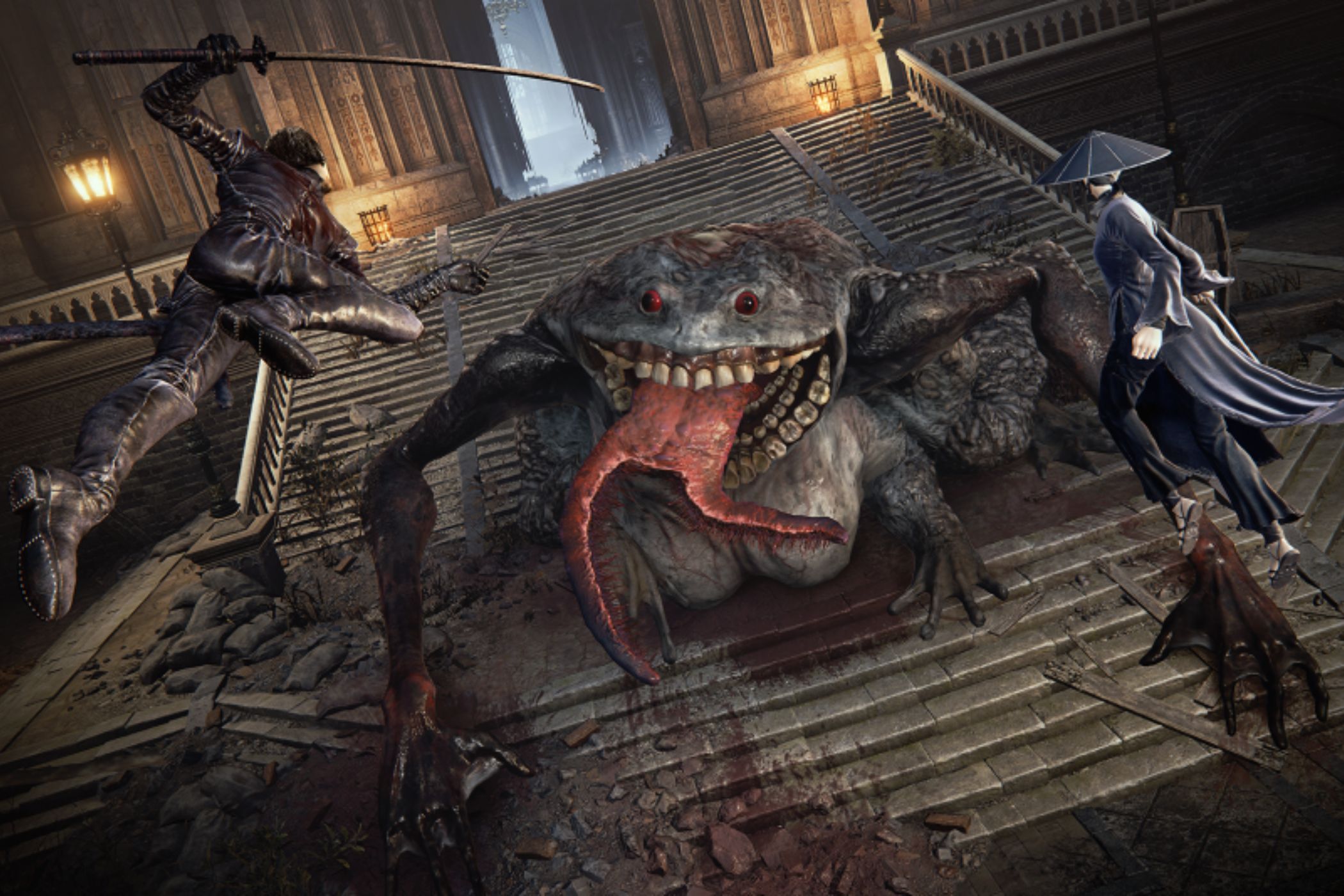 Duskbloods players attacking a large frog on stairs