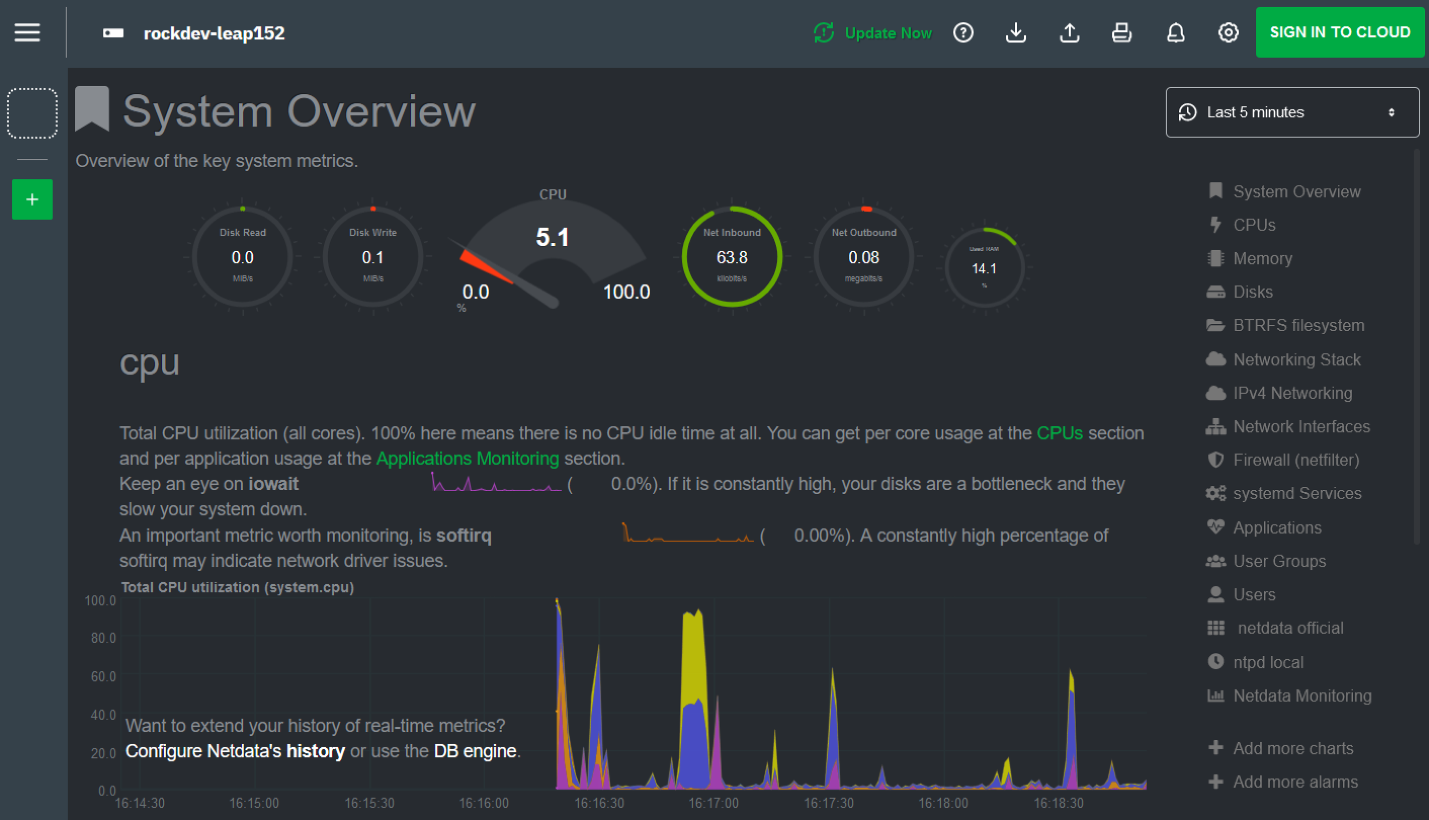 rockstor nas showing netdata UI
