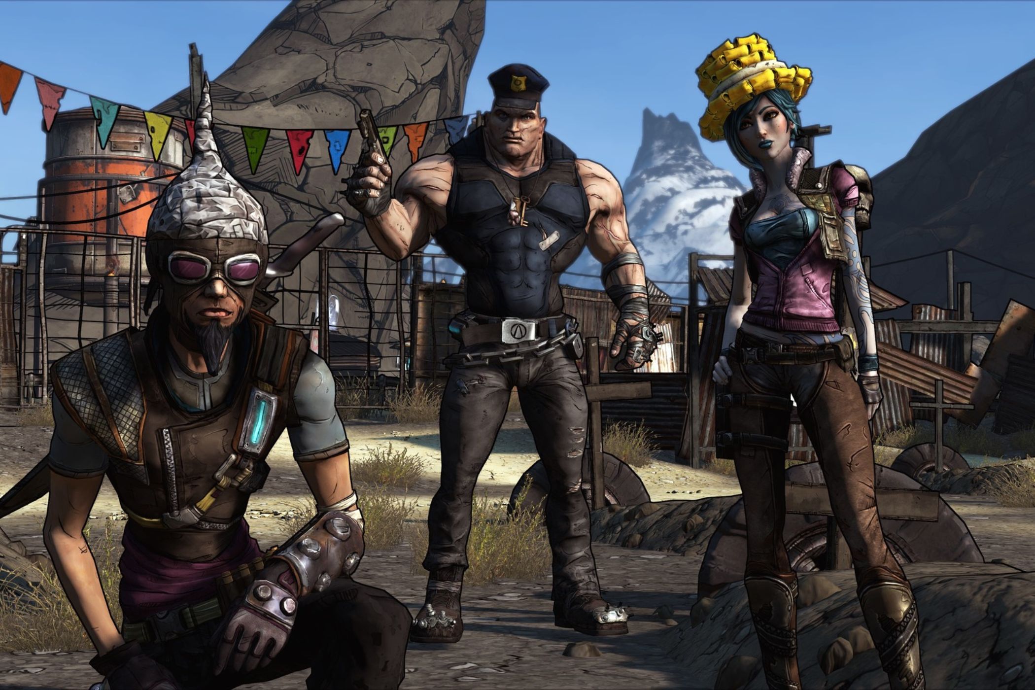 Borderlands Vault Hunters standing with weird hats