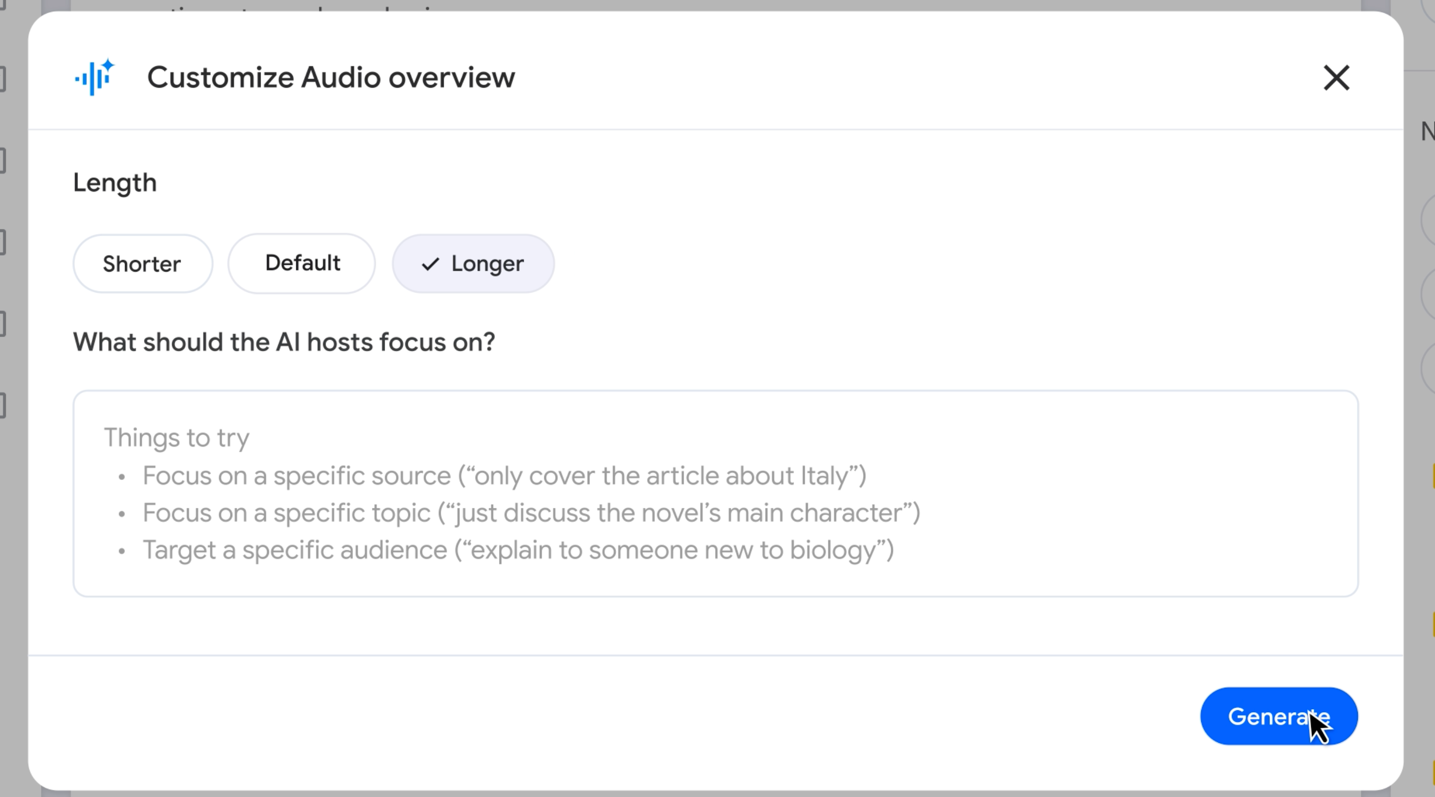 Customize Audio overview section with length options