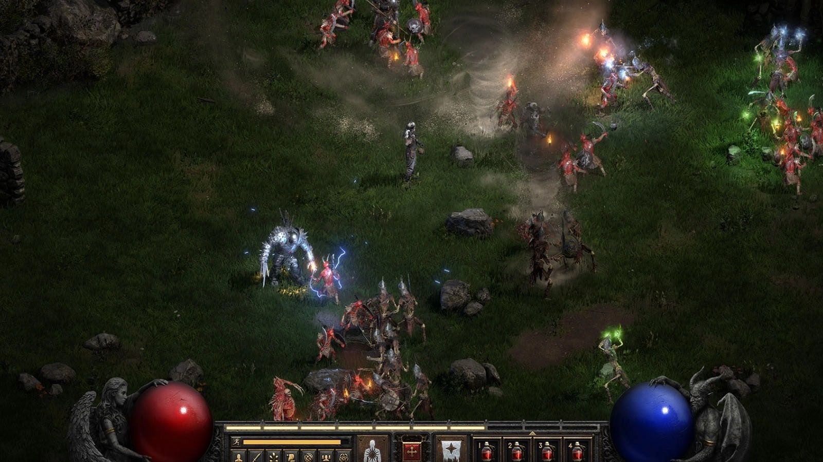 Diablo 2 resurrected wizard fighting in a field