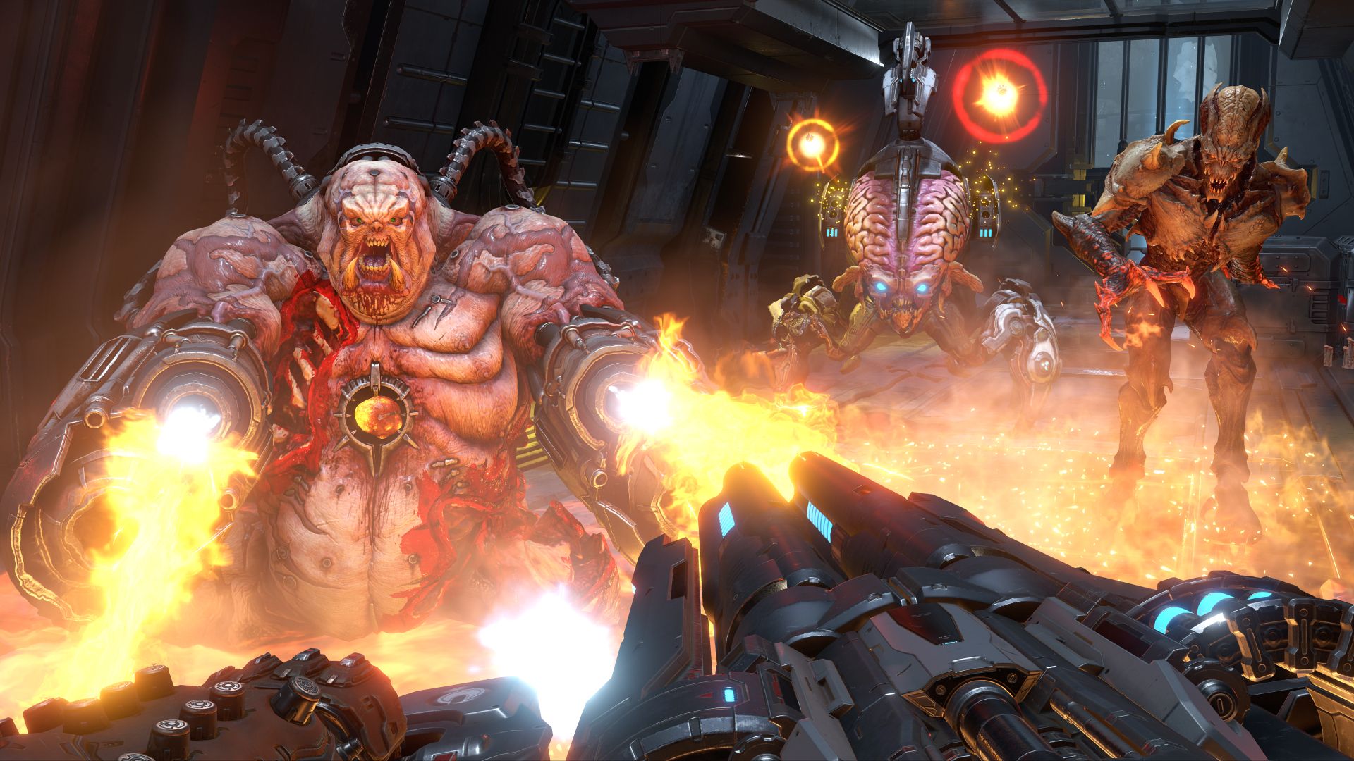 Doom Eternal multiplayer mode, with three large demons fighting doom slayer