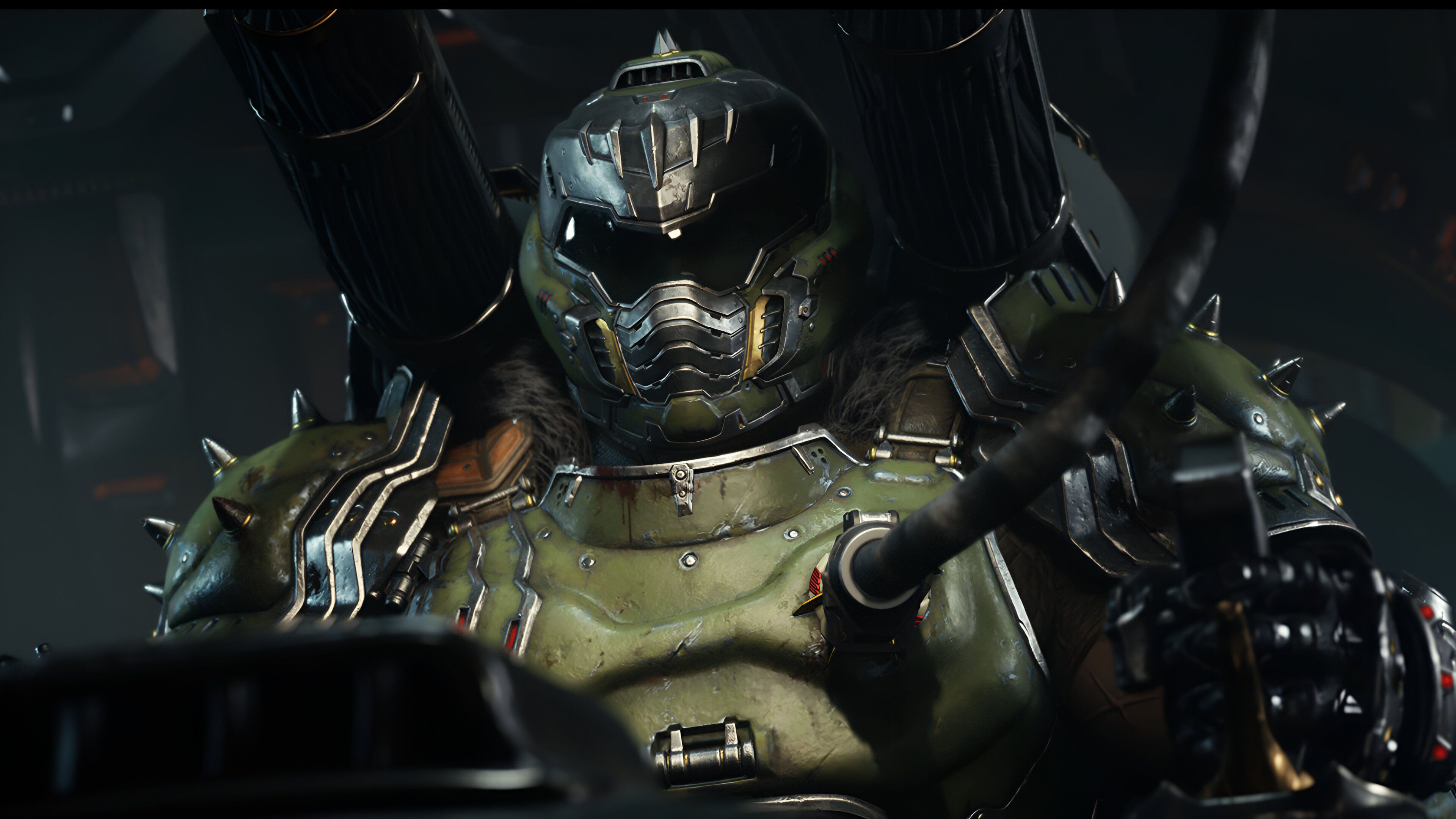 Una captura de pantalla de Doom: The Dark Ages, que muestra al Doom Slayer conectado al Atlan Mech.
