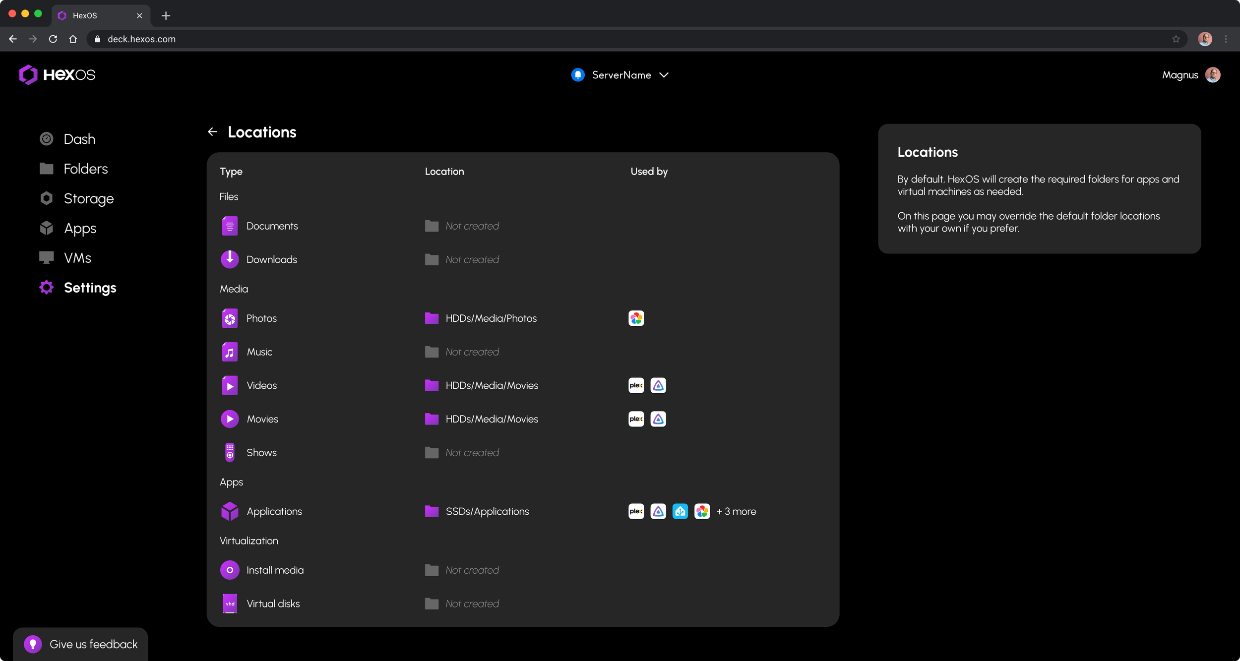 HexOS custom folder locations