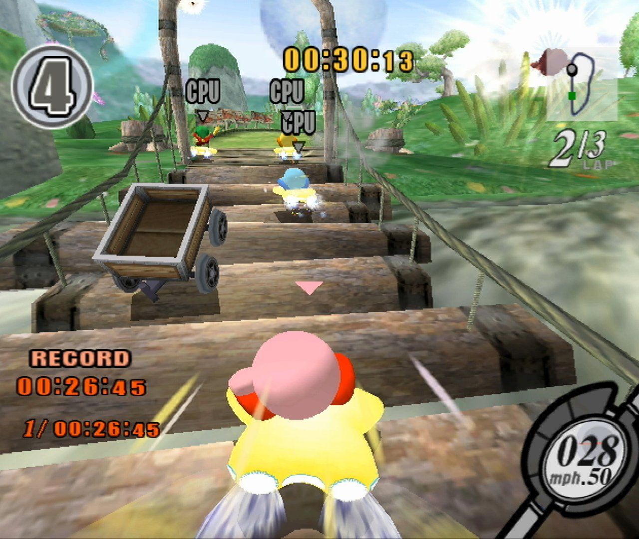 Kirby Air Ride gameplay with Kirby crossing a wooden bridge