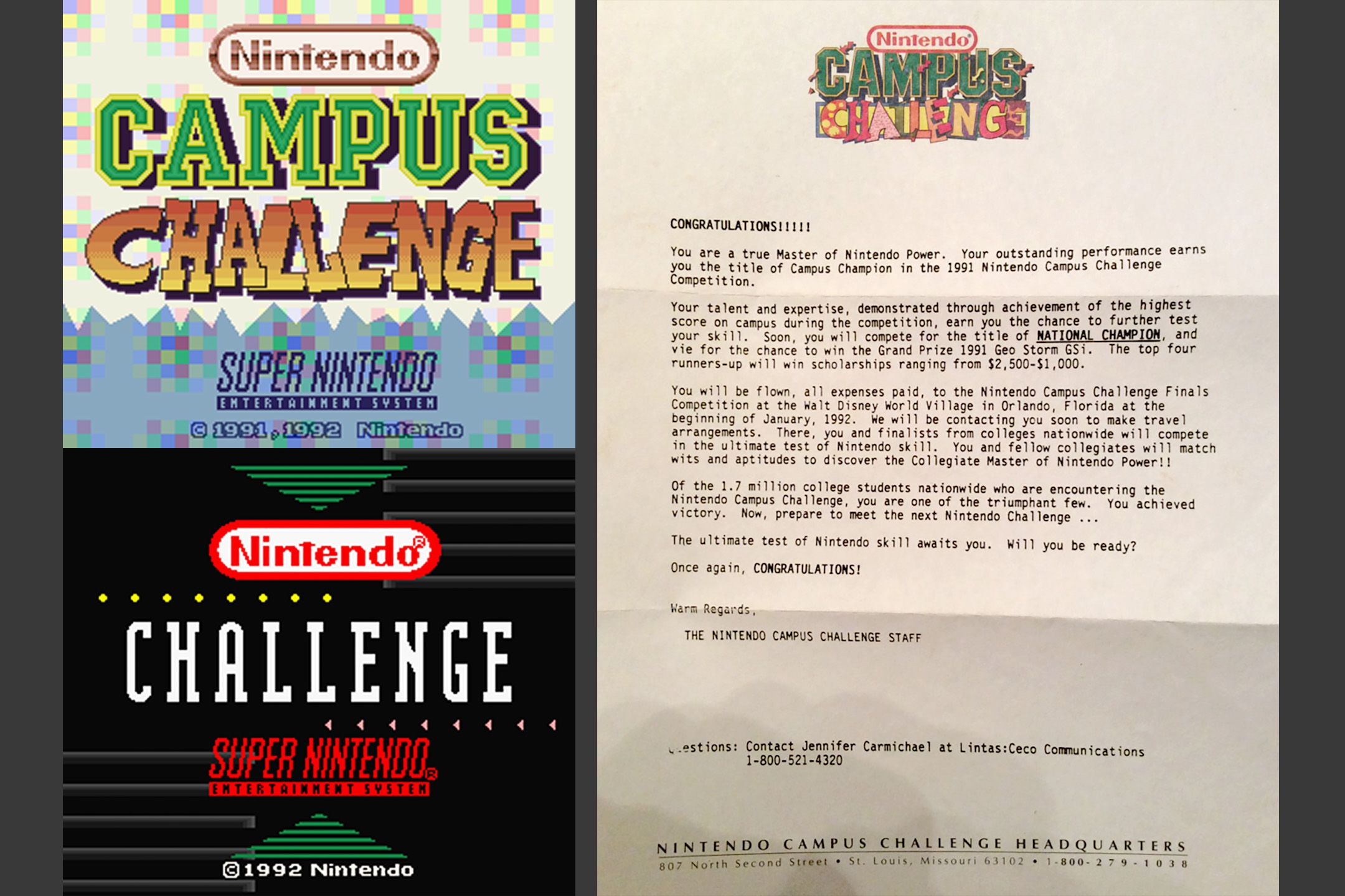Nintendo Campus Challenge title screens and winner letter from Nintendo