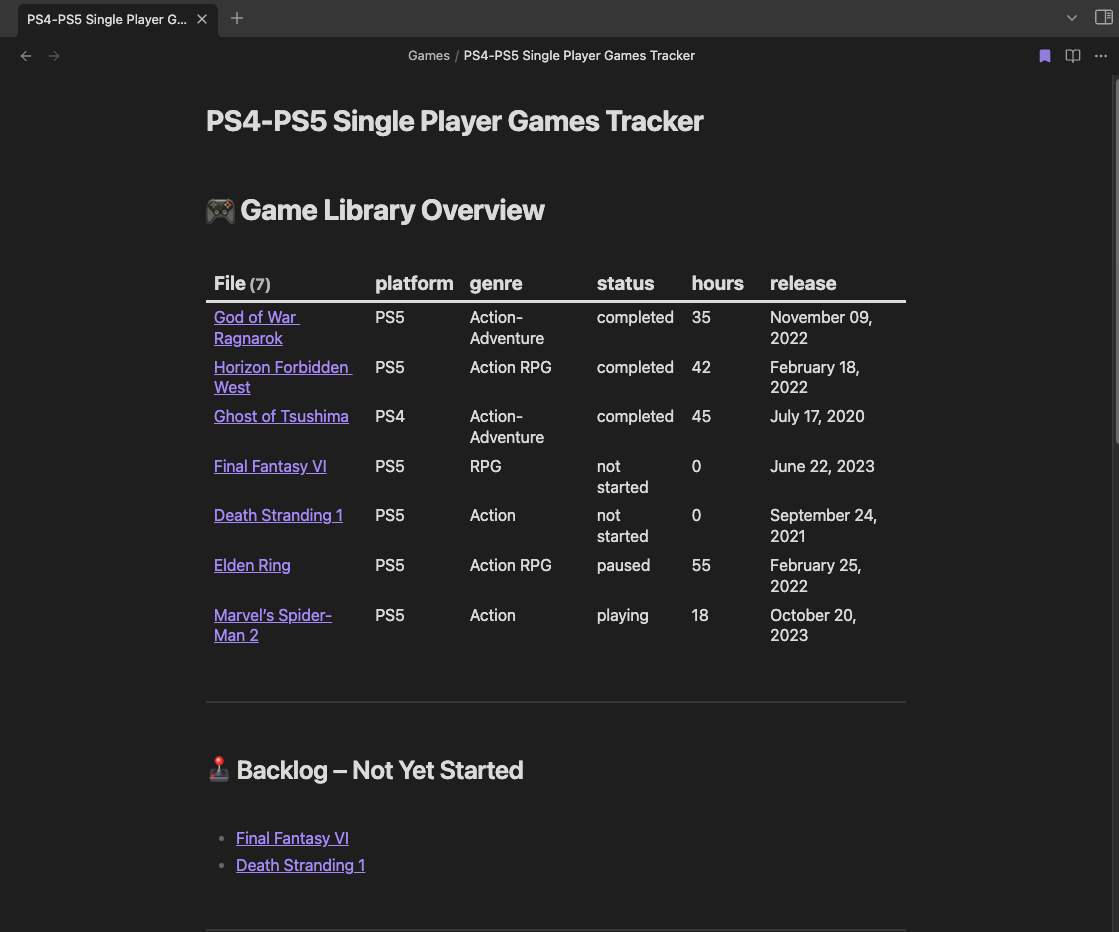 Obsidian Dataview games tracking