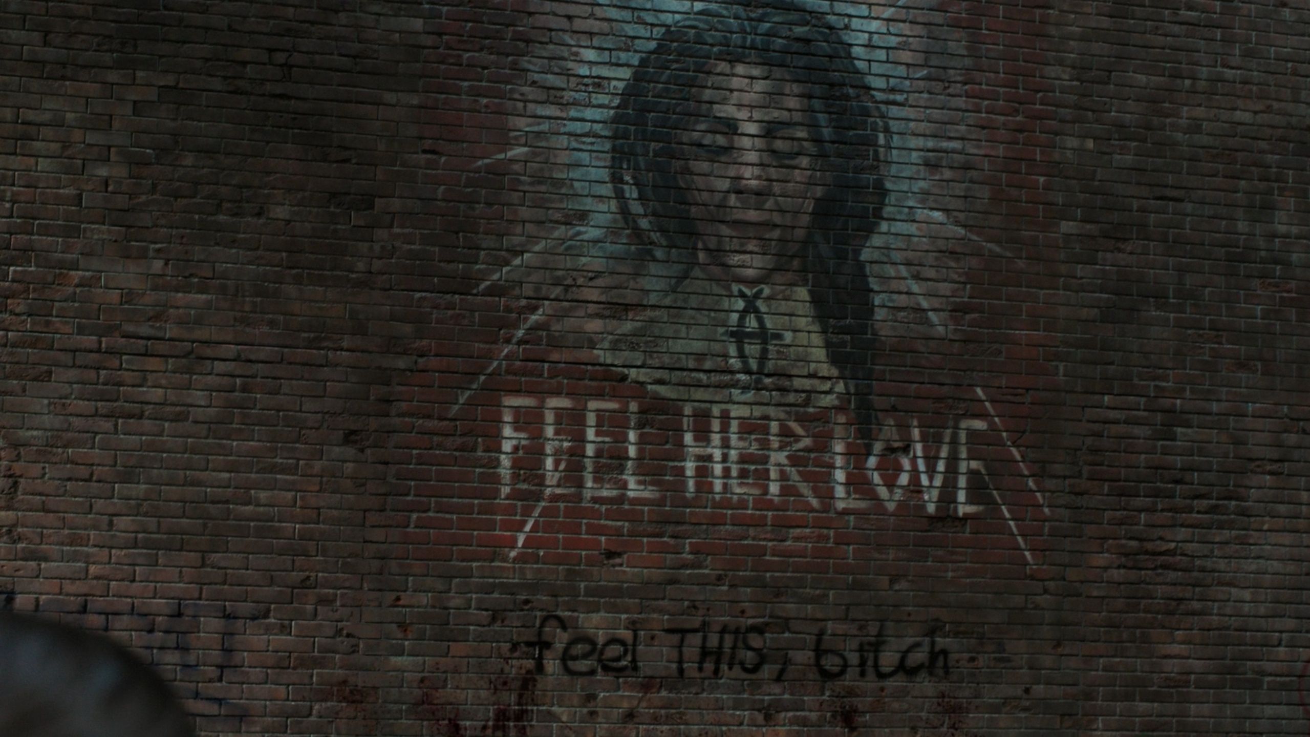 A screengrab from episode 5, season 2 of The Last of Us, showing a mural of a lady's face painted with the words 'Feel Her Love' painted underneath.