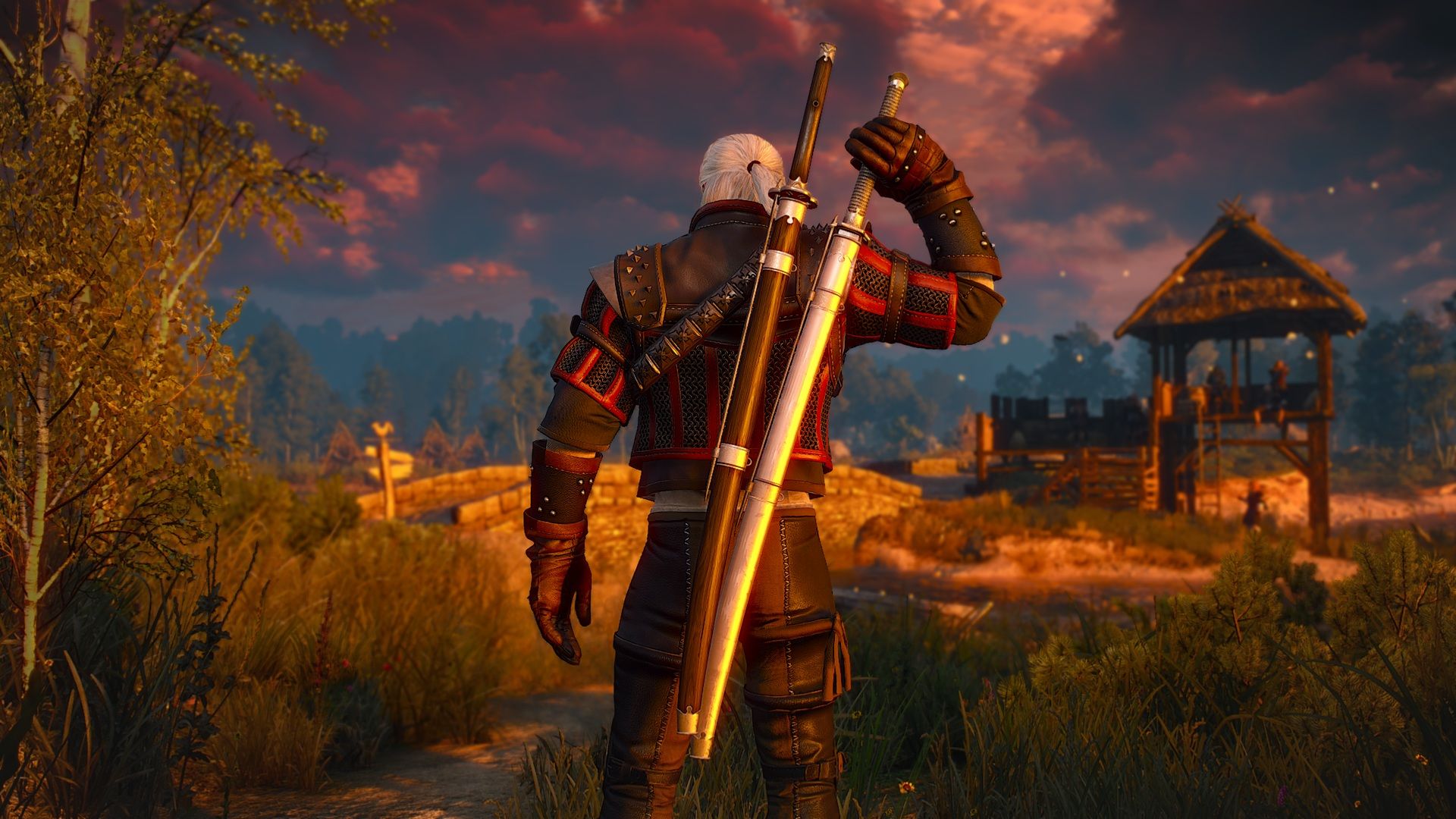The Witcher 3: Wild Hunt, showing Geralt reaching for a sword