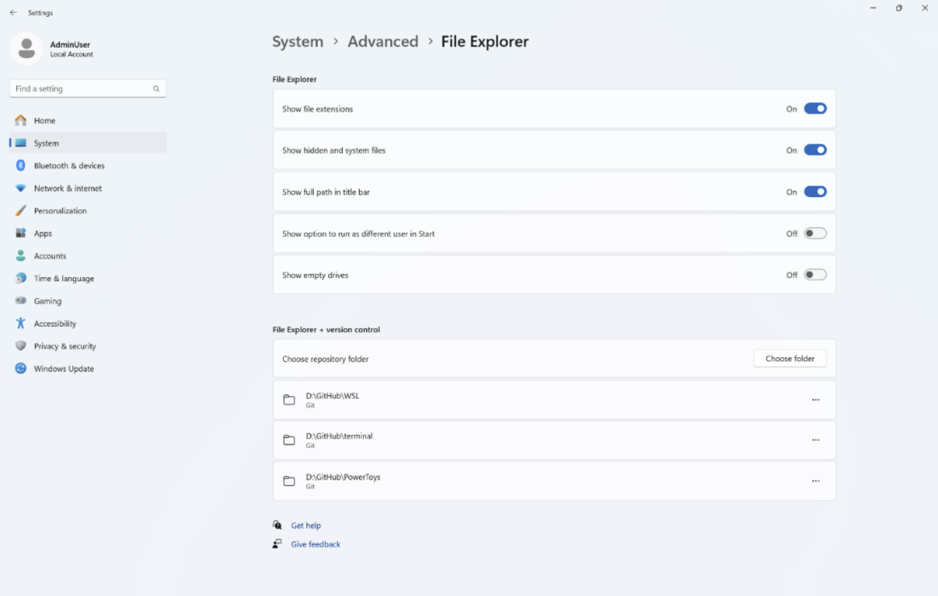 Screenshot of the Windows 11 Settings app showing a page for File Explorer advanced settings