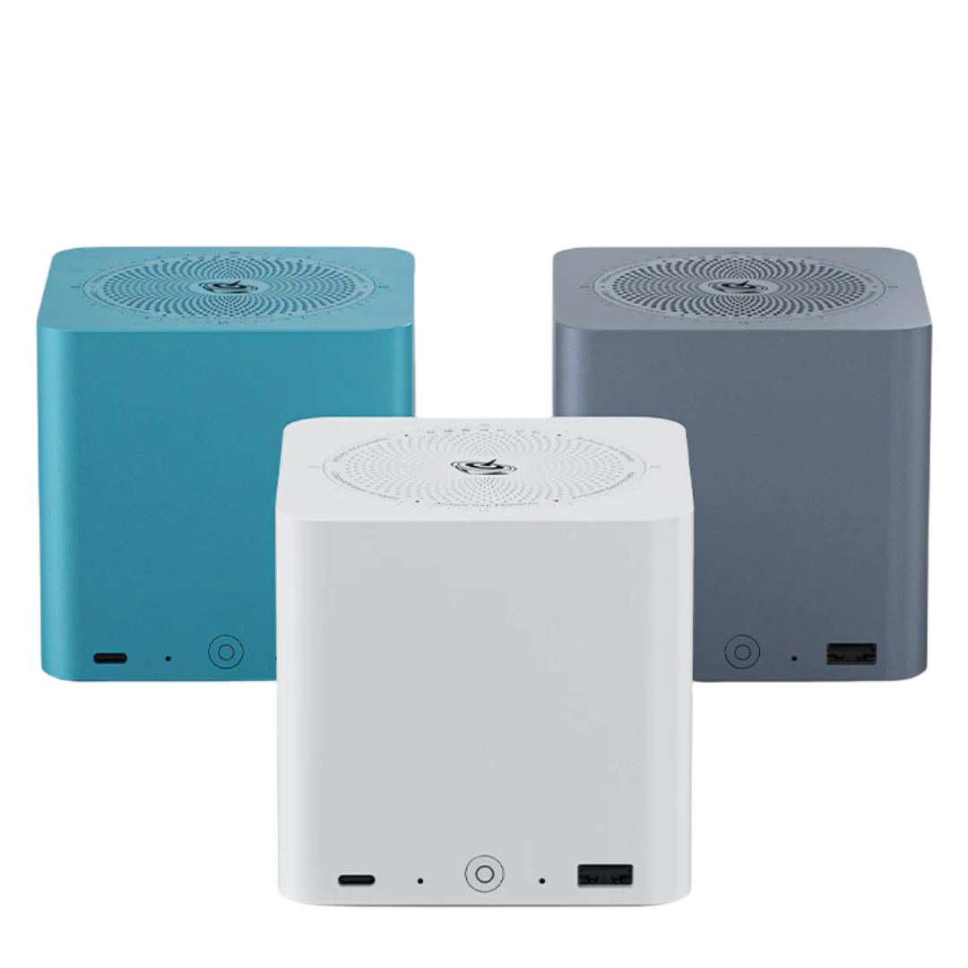 renders of the beelink me mini in the three colors it comes in, white, gray, and blue