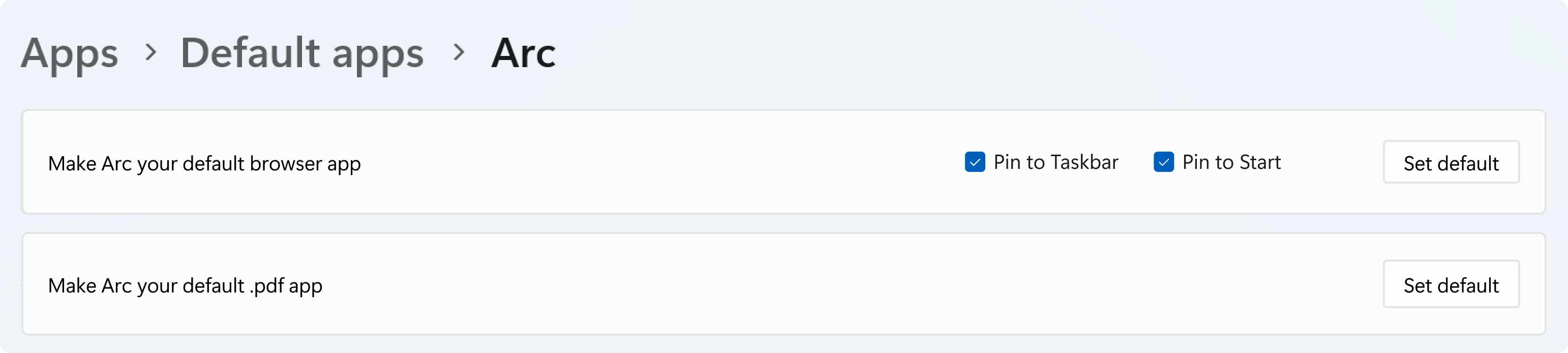 Browser default settings page showing new set default button for PDF files